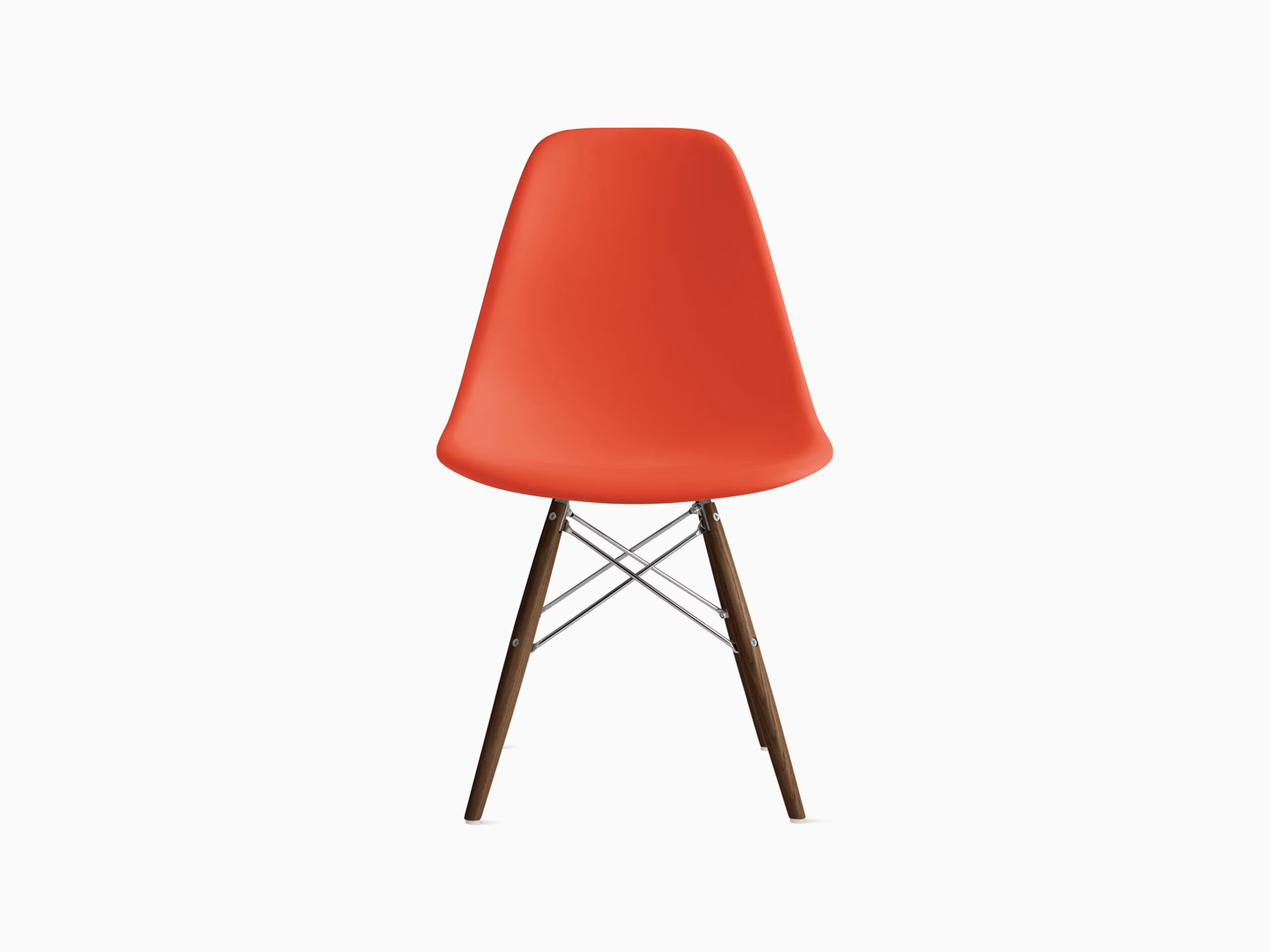 Front view of orange chair with walnut dowels