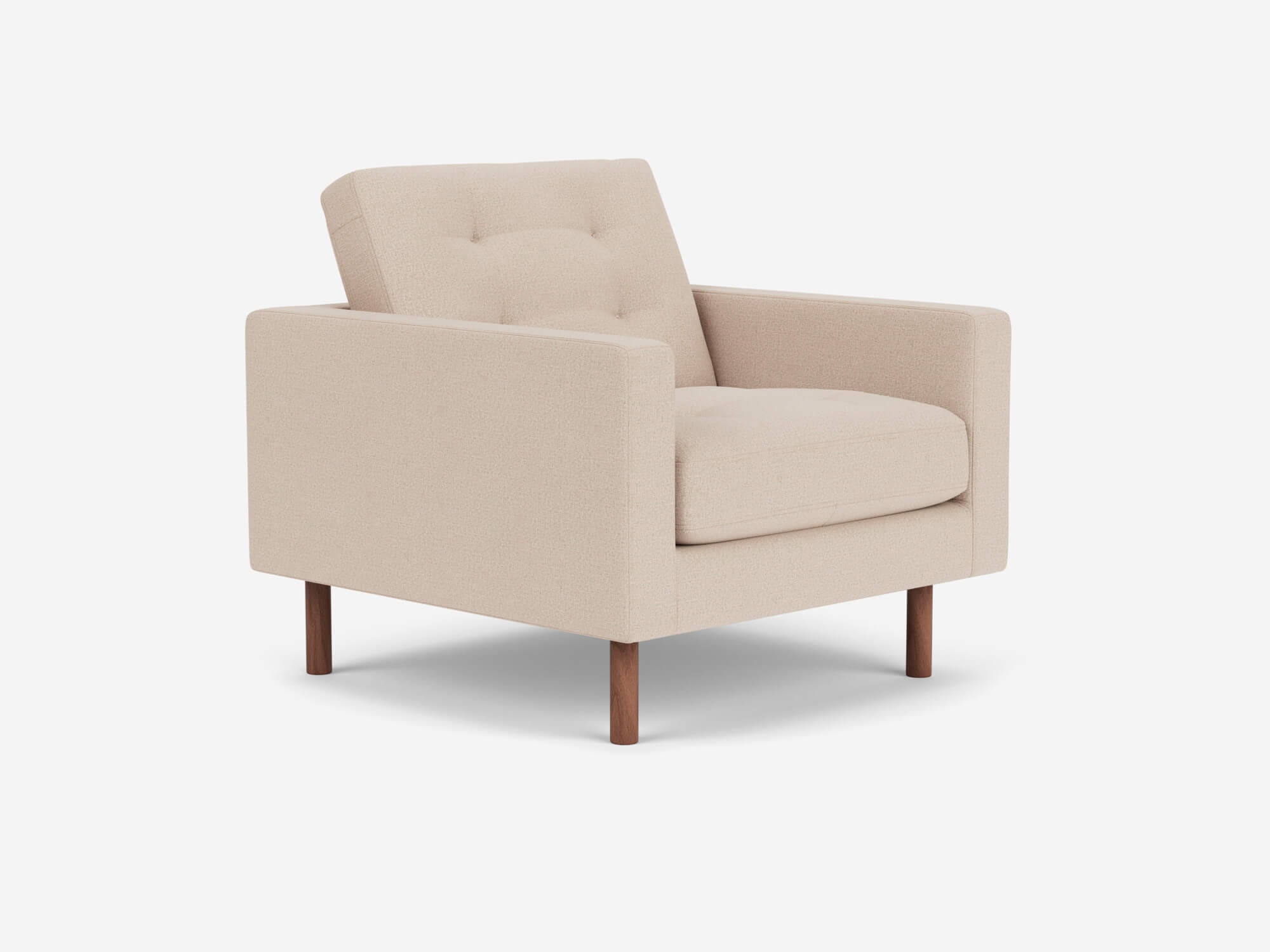 Beige tufted chair with walnut legs front angle view