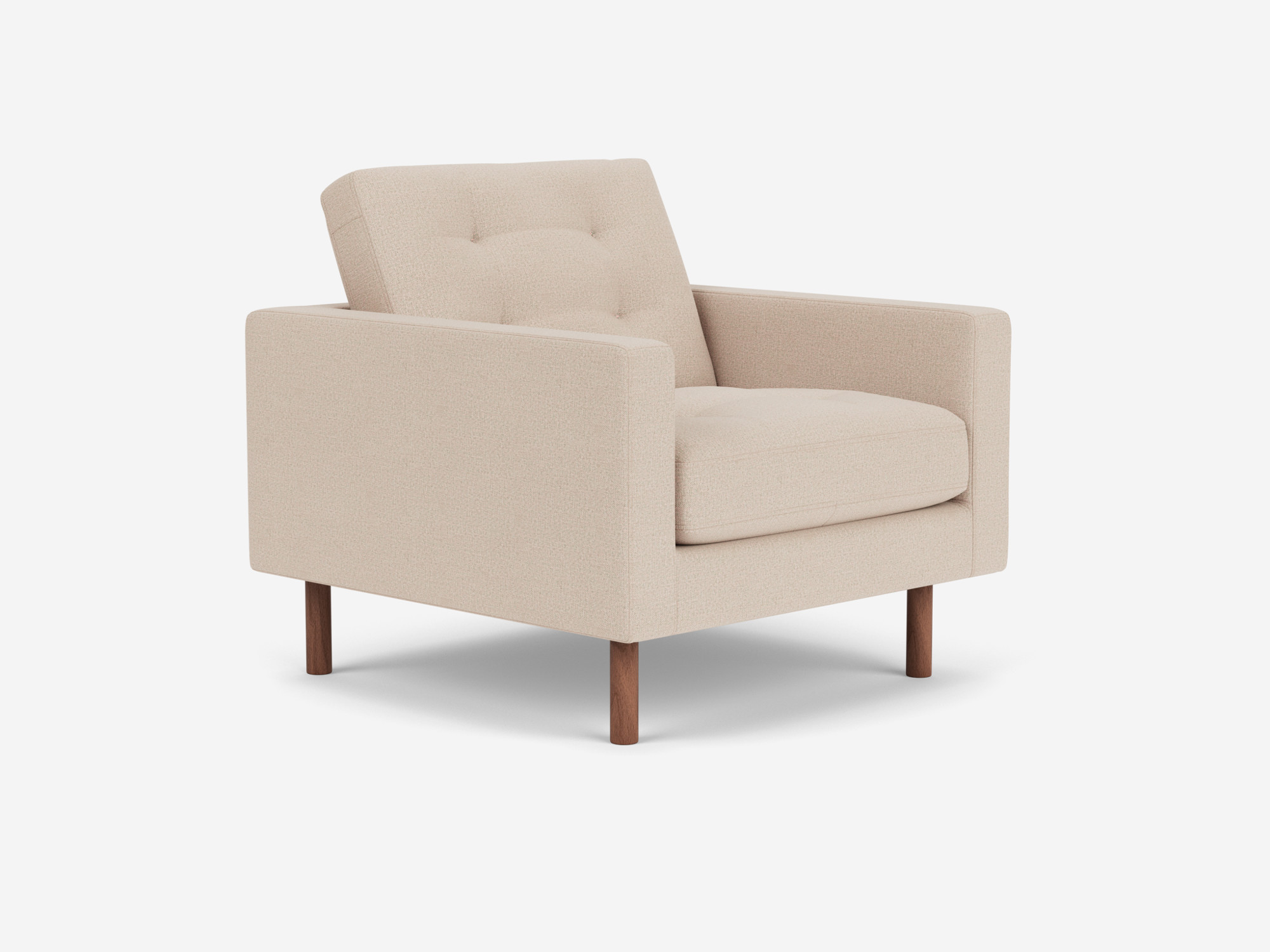 Beige tufted chair with walnut legs front angle view
