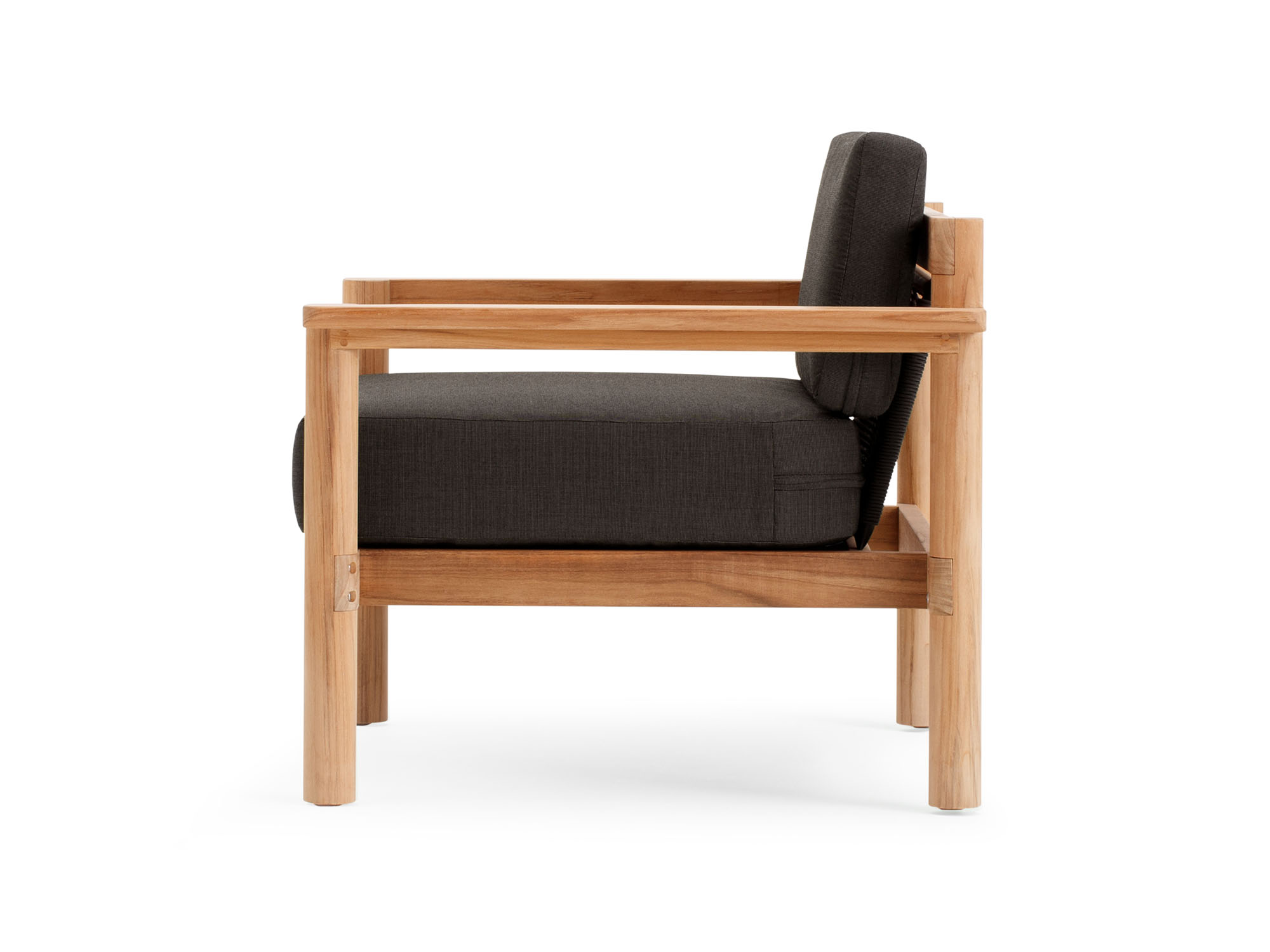 Side view of outdoor chair with black cushions and wood legs