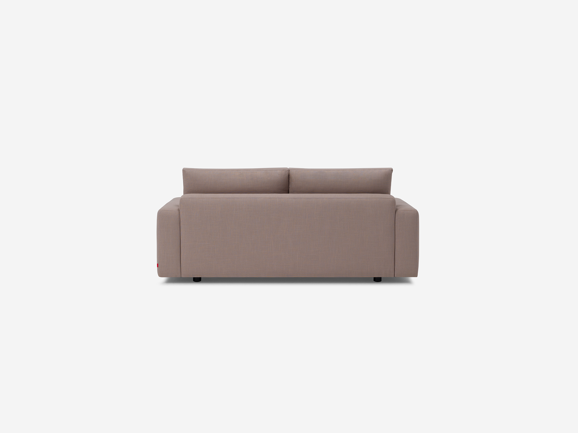 Back view of grey fabric loveseat with narrow arms