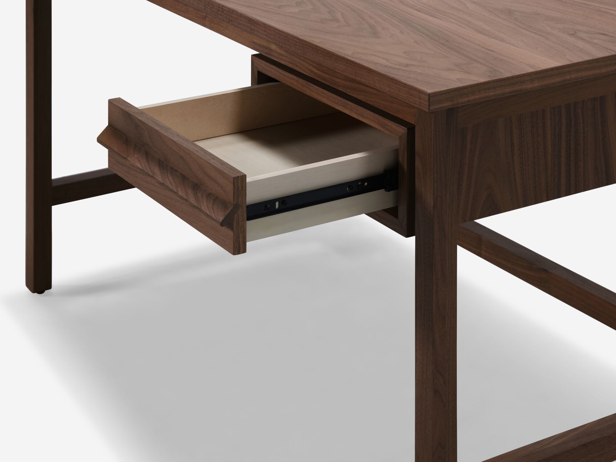 Walnut desk with drawer open detail view