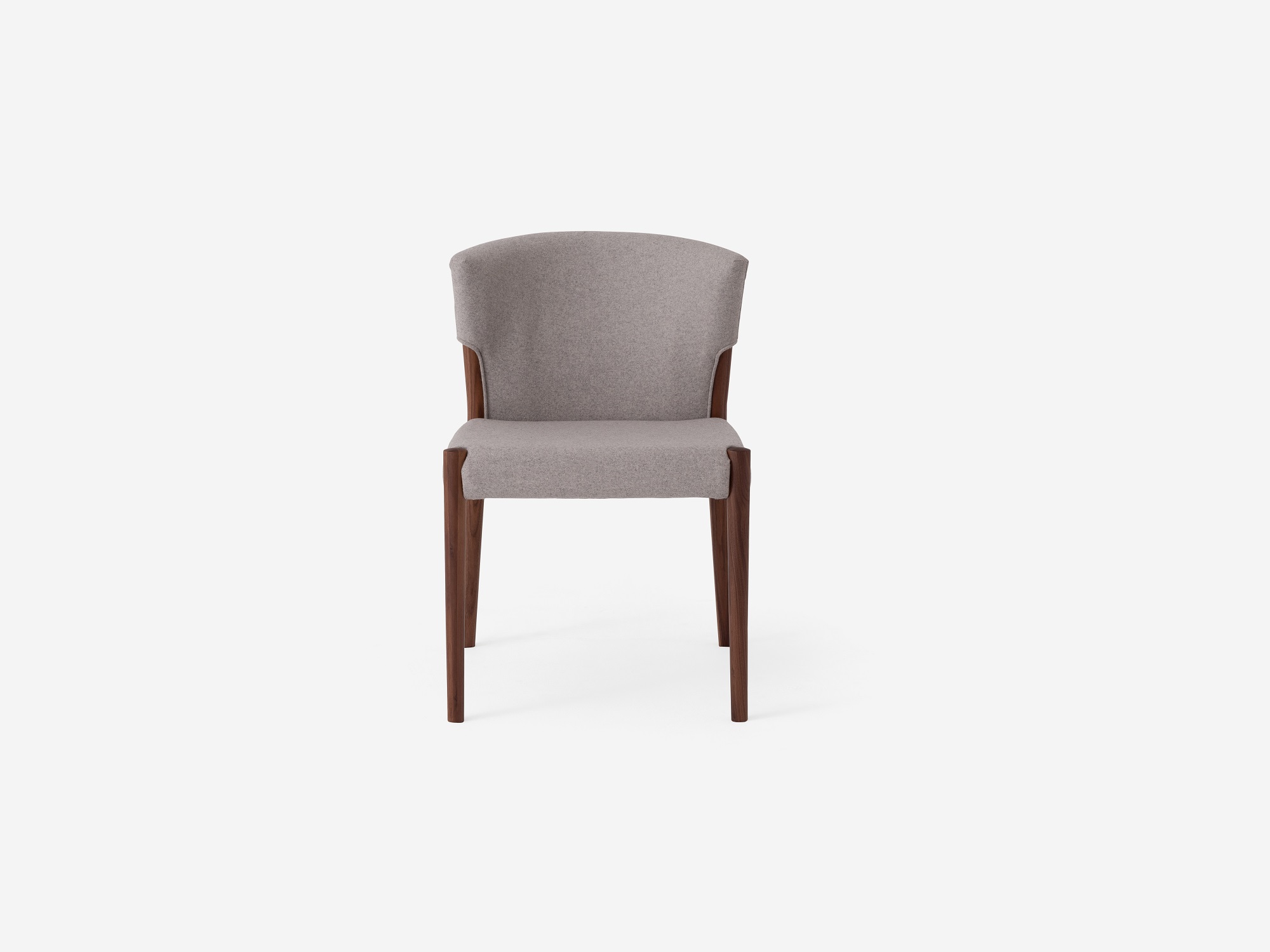 Front view of the Wren fabric dining chair in walnut with upholstered back