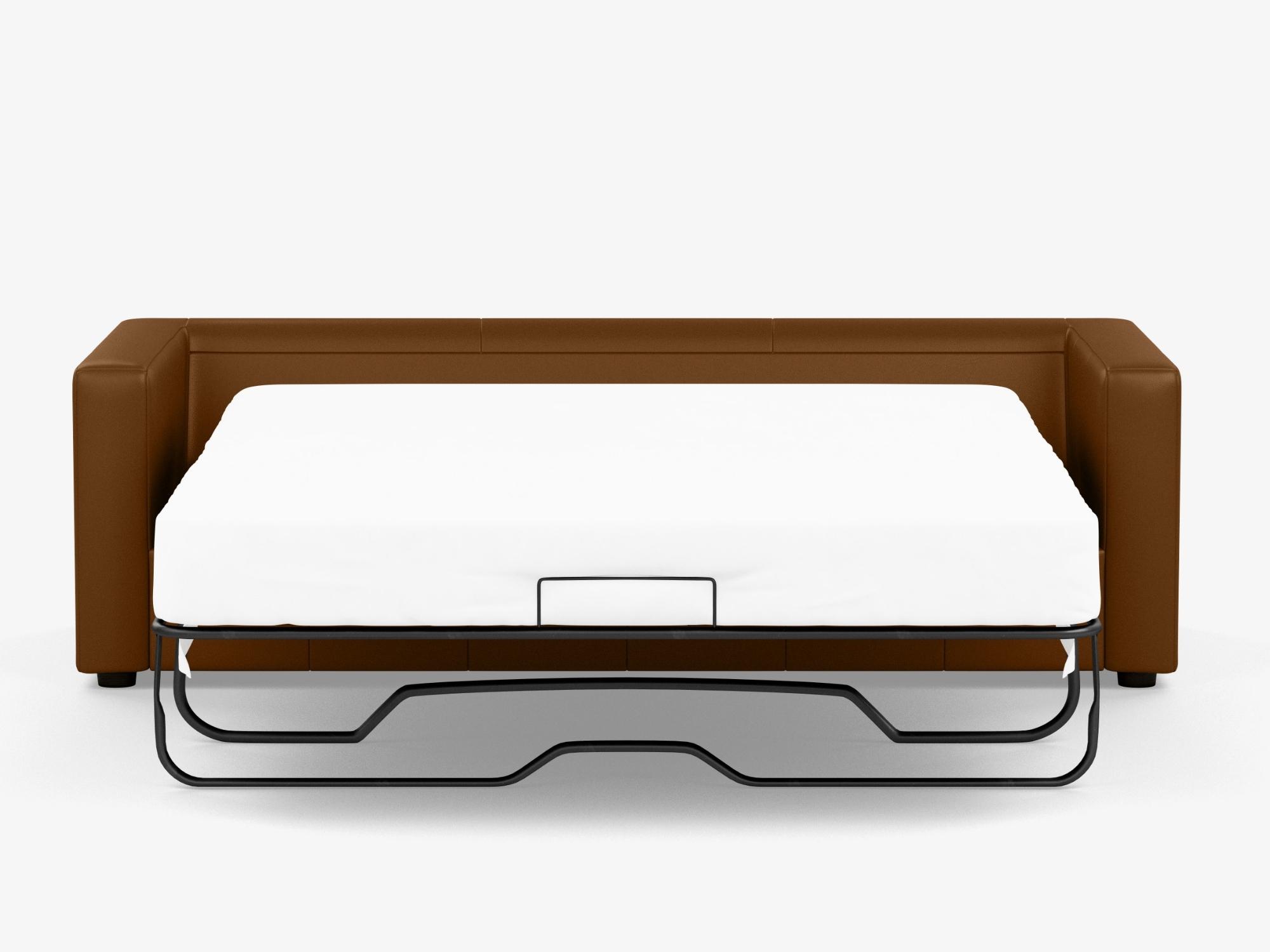 Front view of the Solo sofa bed in brown leather with bed unfolded