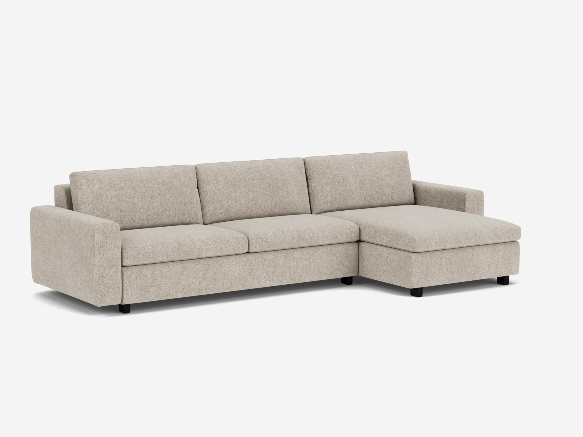 Angled front view of the beige fabric Reva modern sectional with right hand facing chaise