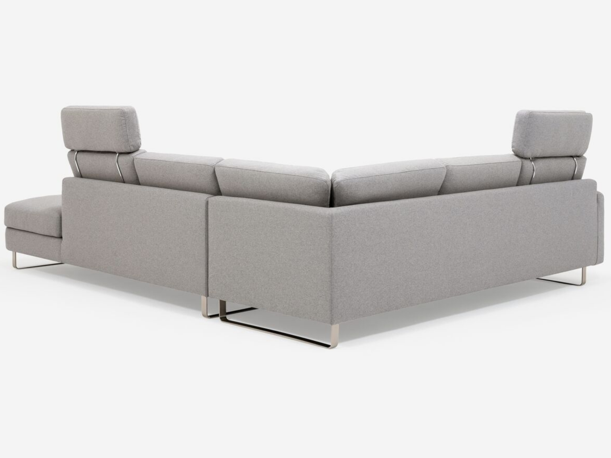 Back angled detail view of grey 2-piece sectional sofa with headrests