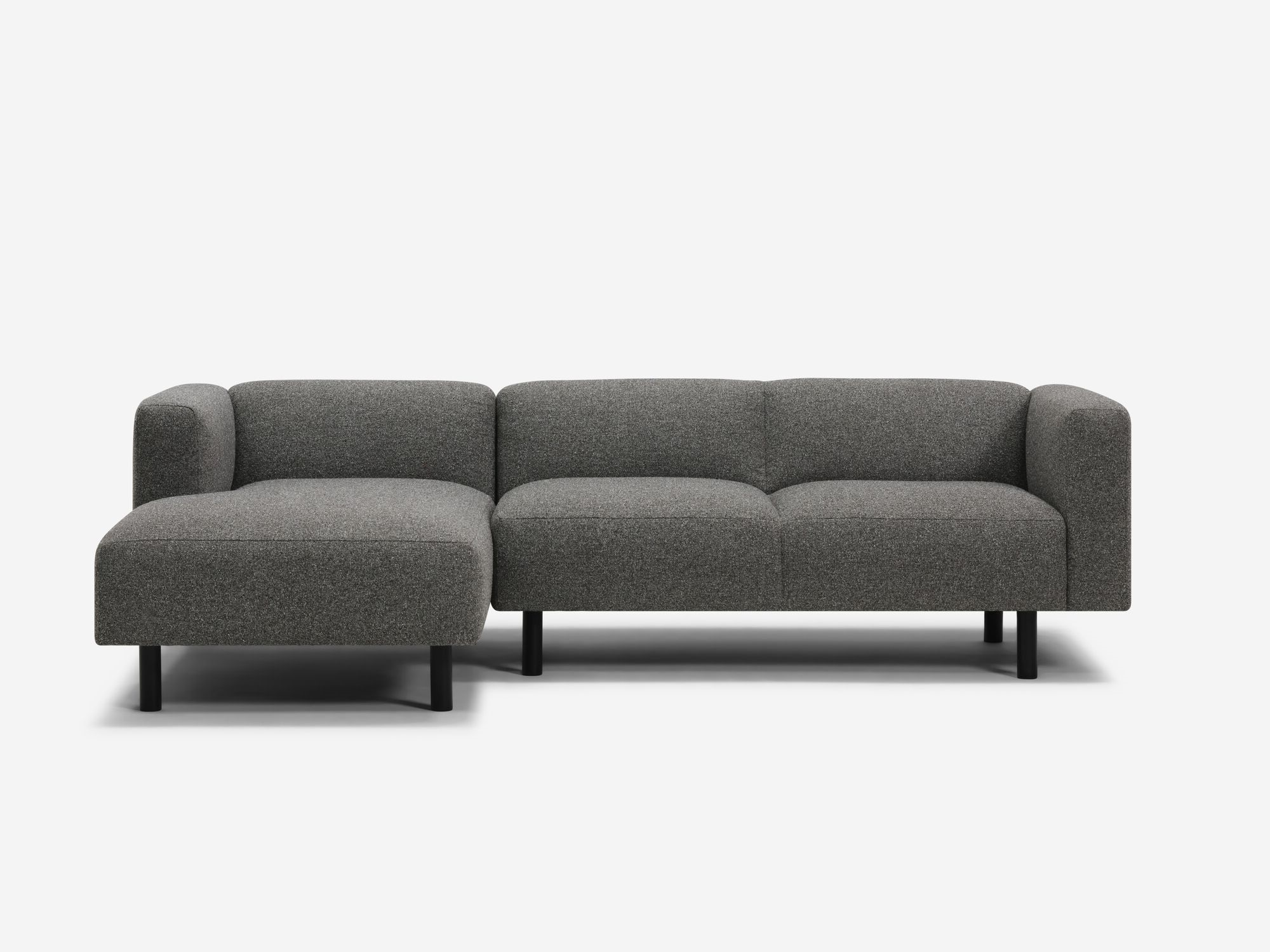 Front view of dark grey sectional with left hand chaise