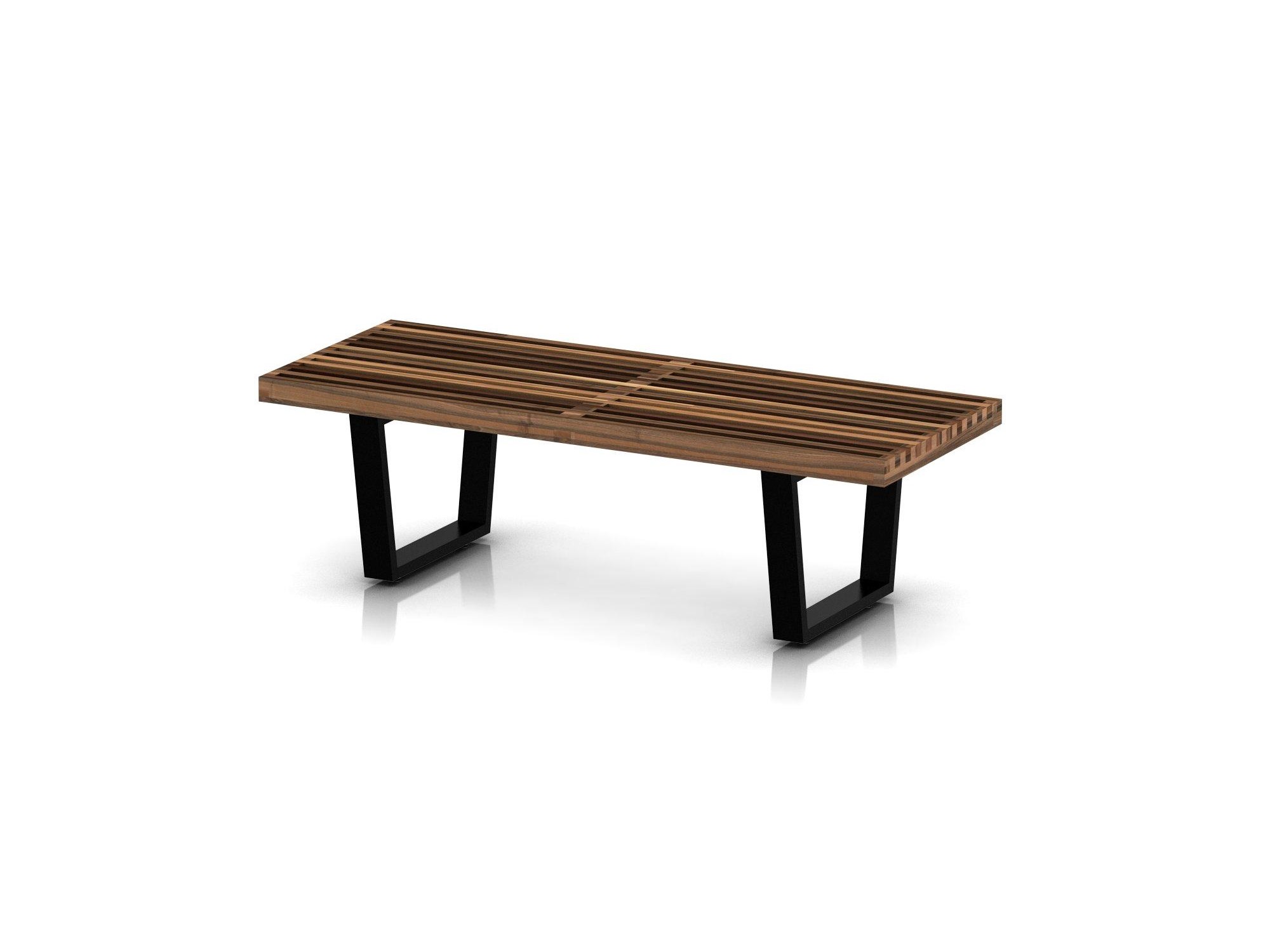 Right angle view of small walnut bench with wood legs