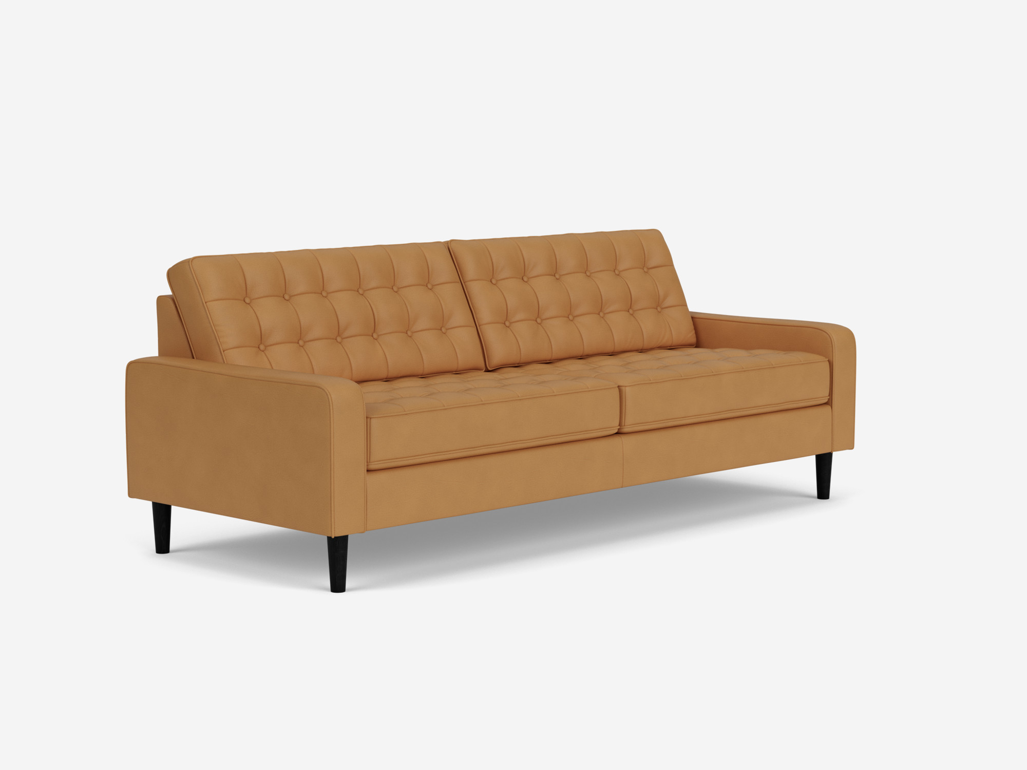 Corner view of our mid century modern sofa, the Reverie 86", upholstered in light brown leather