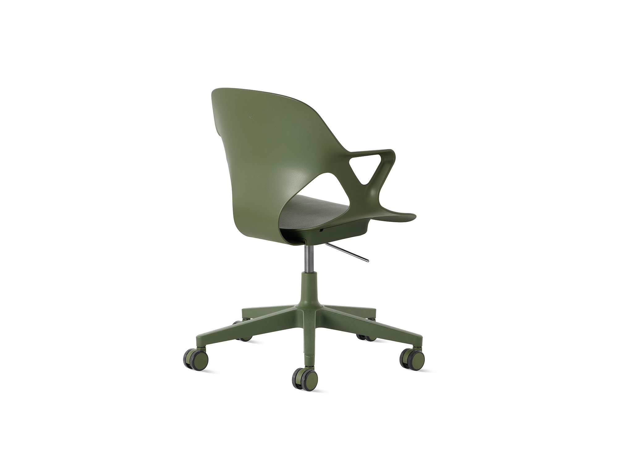 Olive Zeph armchair with no cushion back angle view