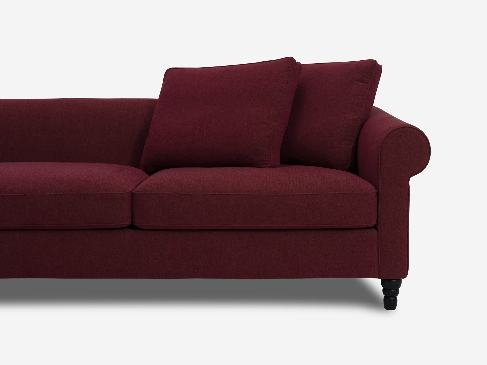 Deep red modern left hand facing sectional sofa detail arm view