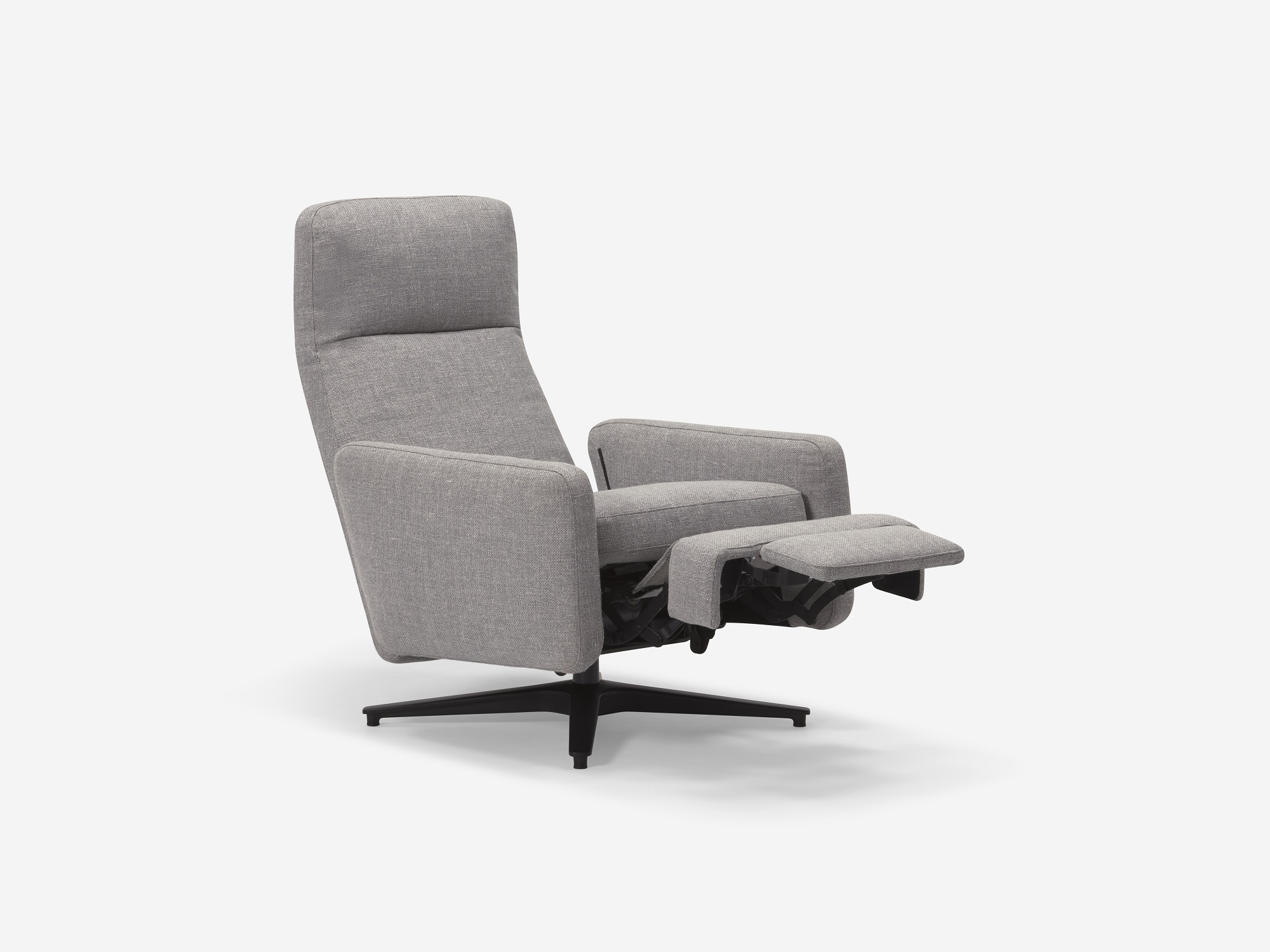 Front angle view of grey fabric reclining chair with foot rest reclined