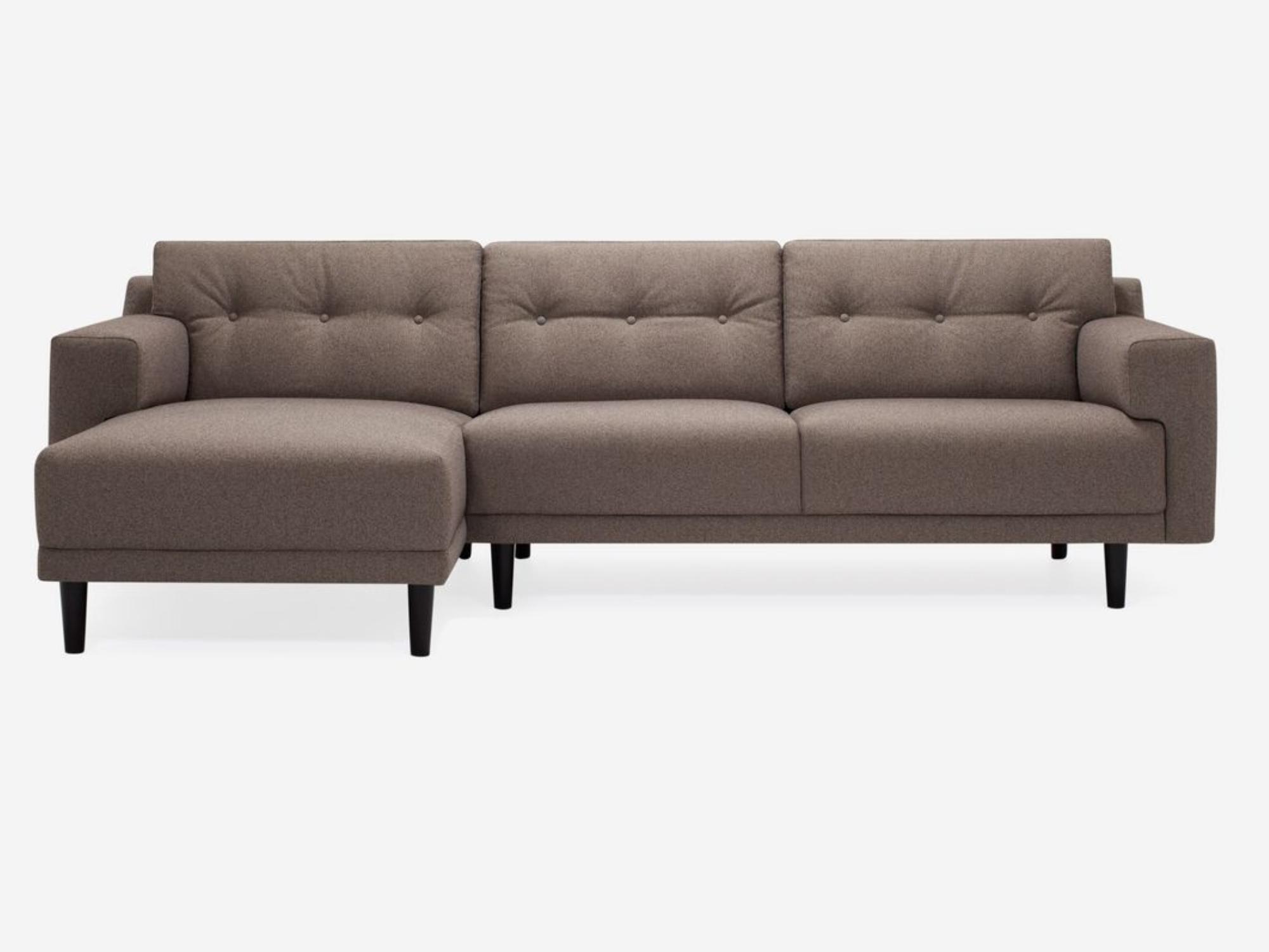 Front view of the Remi 101" modern sectional sofa with buttons in grey fabric