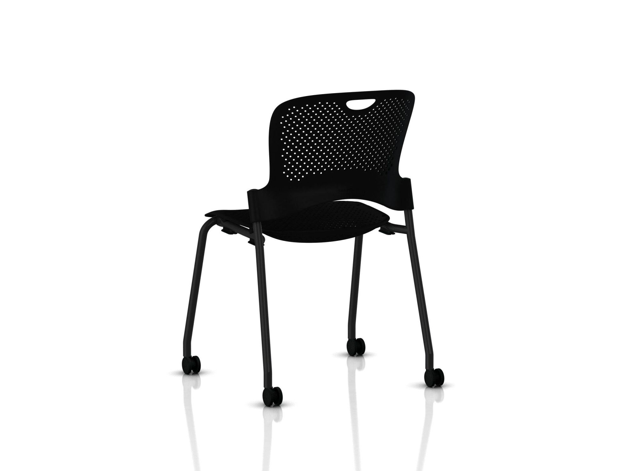 Black stackable hard floor braking caster chair back angle view