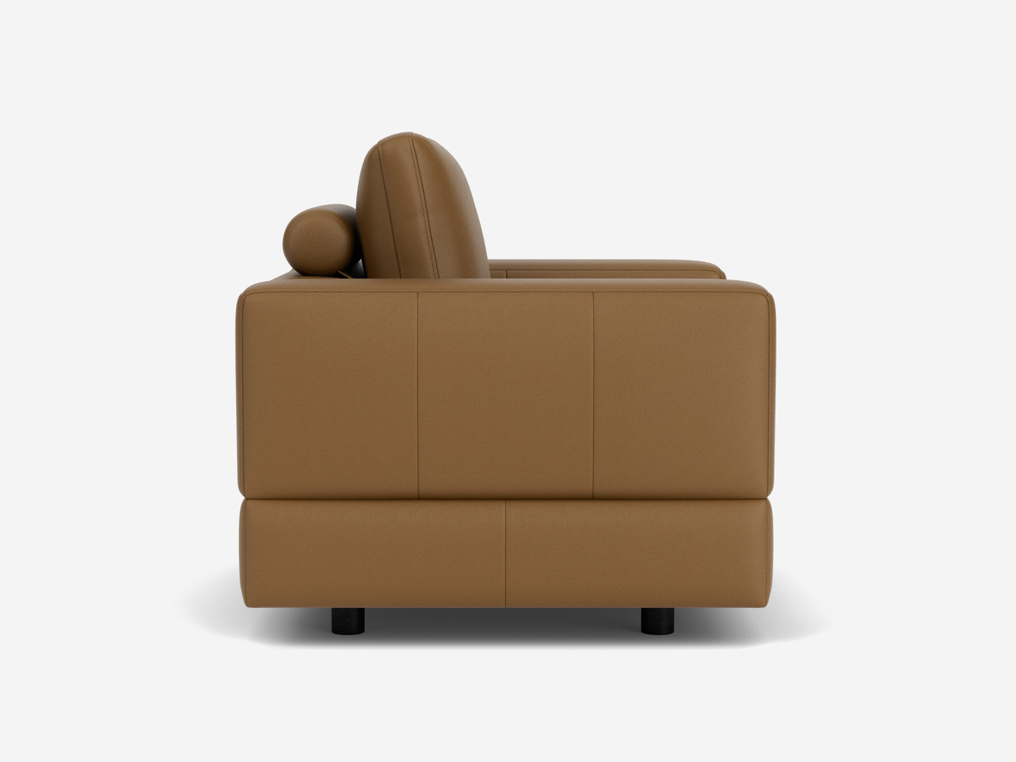 Left side view of brown leather armchair