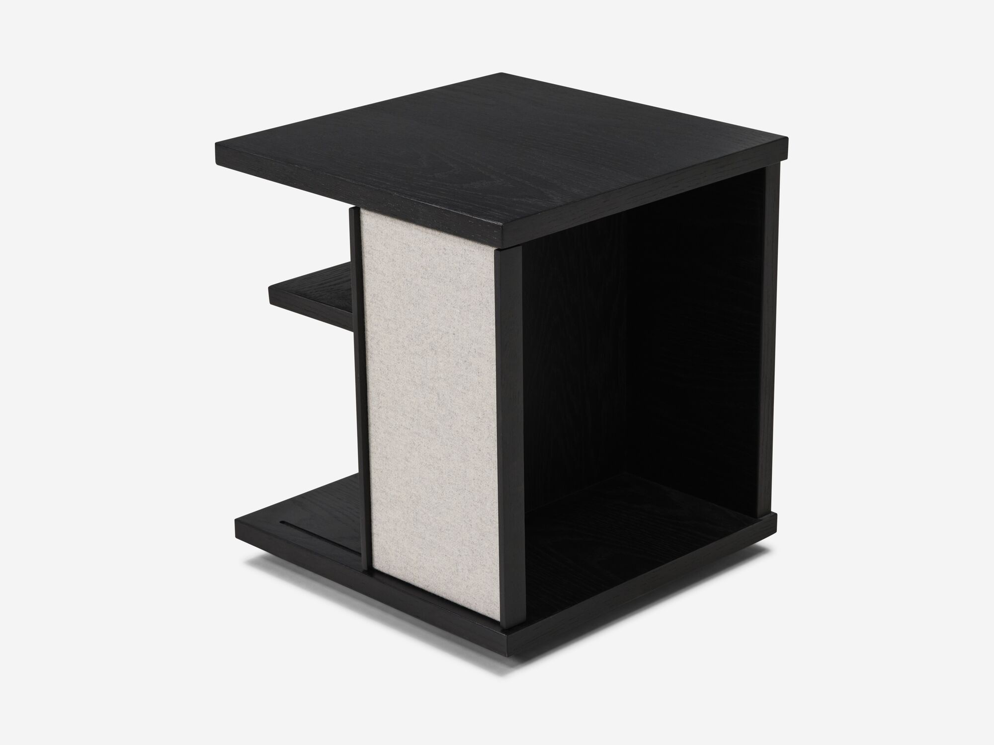 Detail right view of the Plank accent table canada in black oak with fabric panels