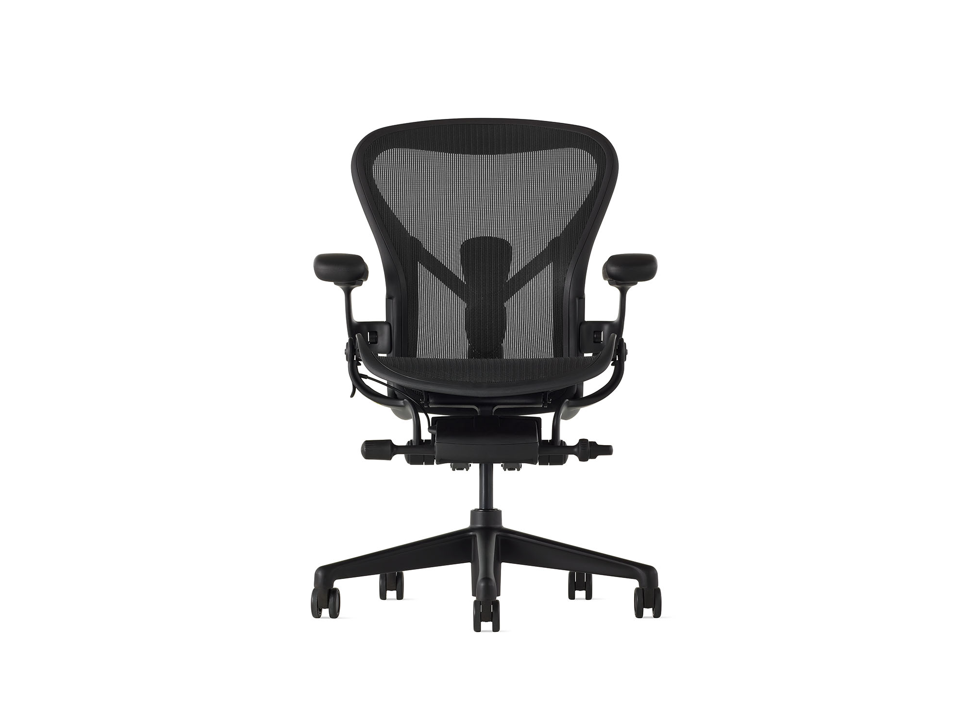 Front view of the Aeron upgraded Herman Miller office chair in onyx with onyx base