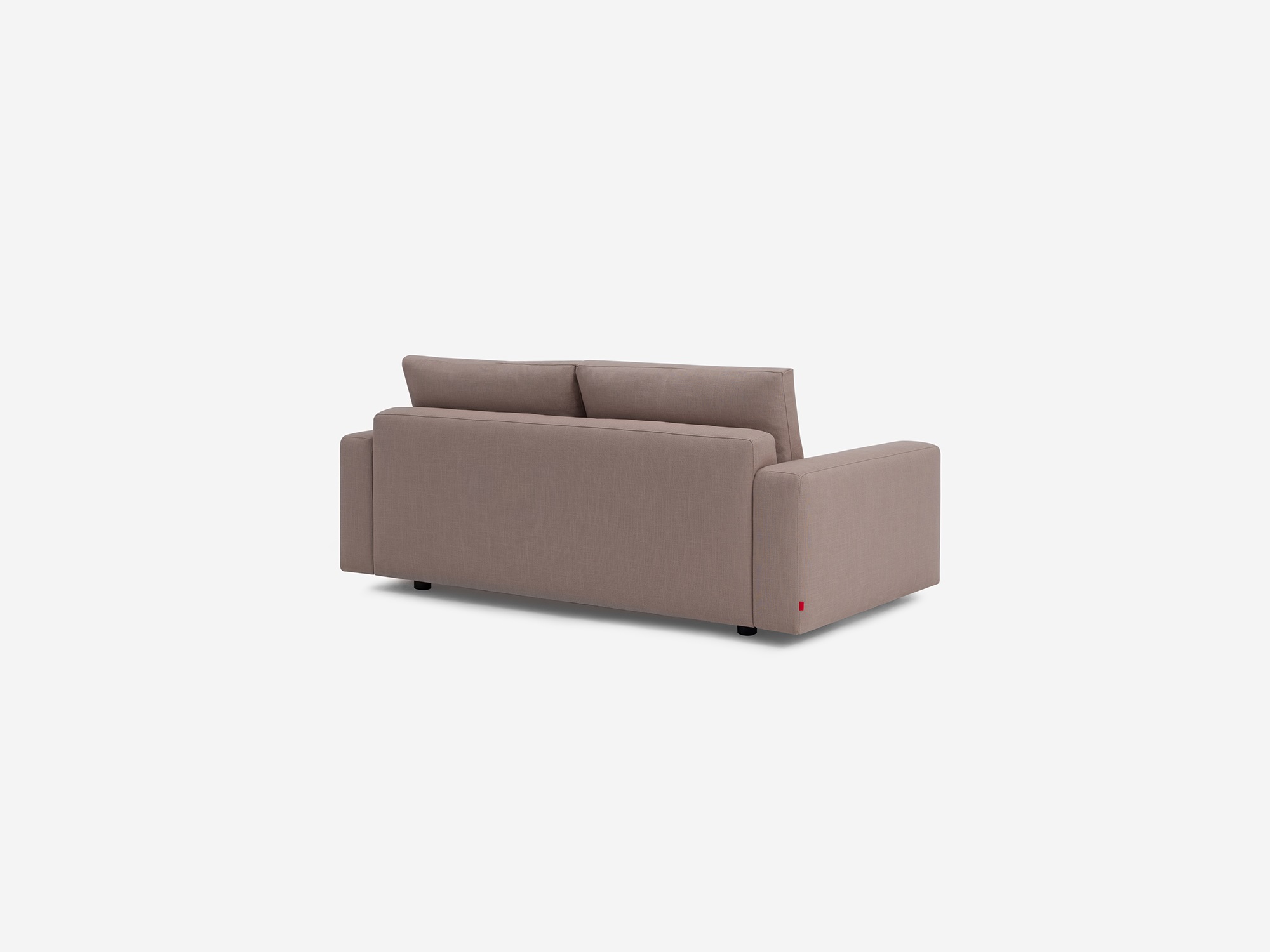 Back angle view of grey fabric loveseat with narrow arms