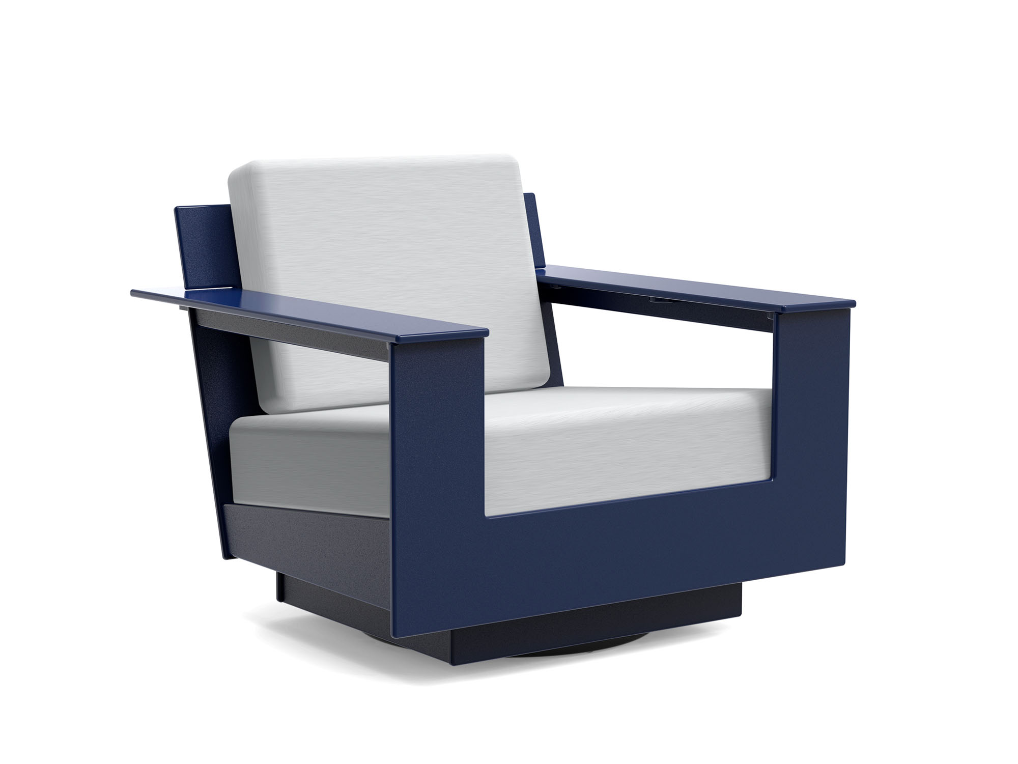 Dark blue and white swivel outdoor lounge chair front angle view