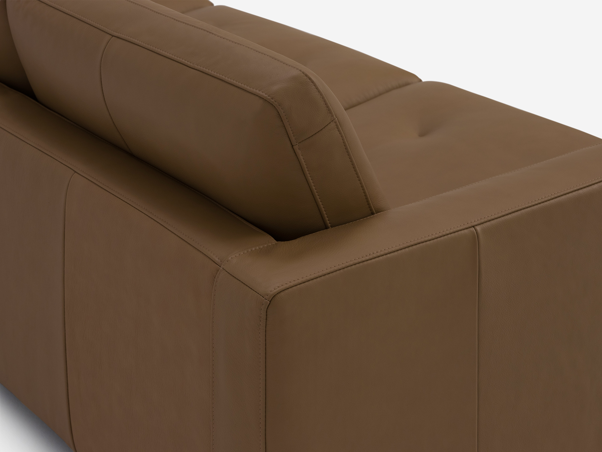 Back detail view of the Joan loveseat in brown leather