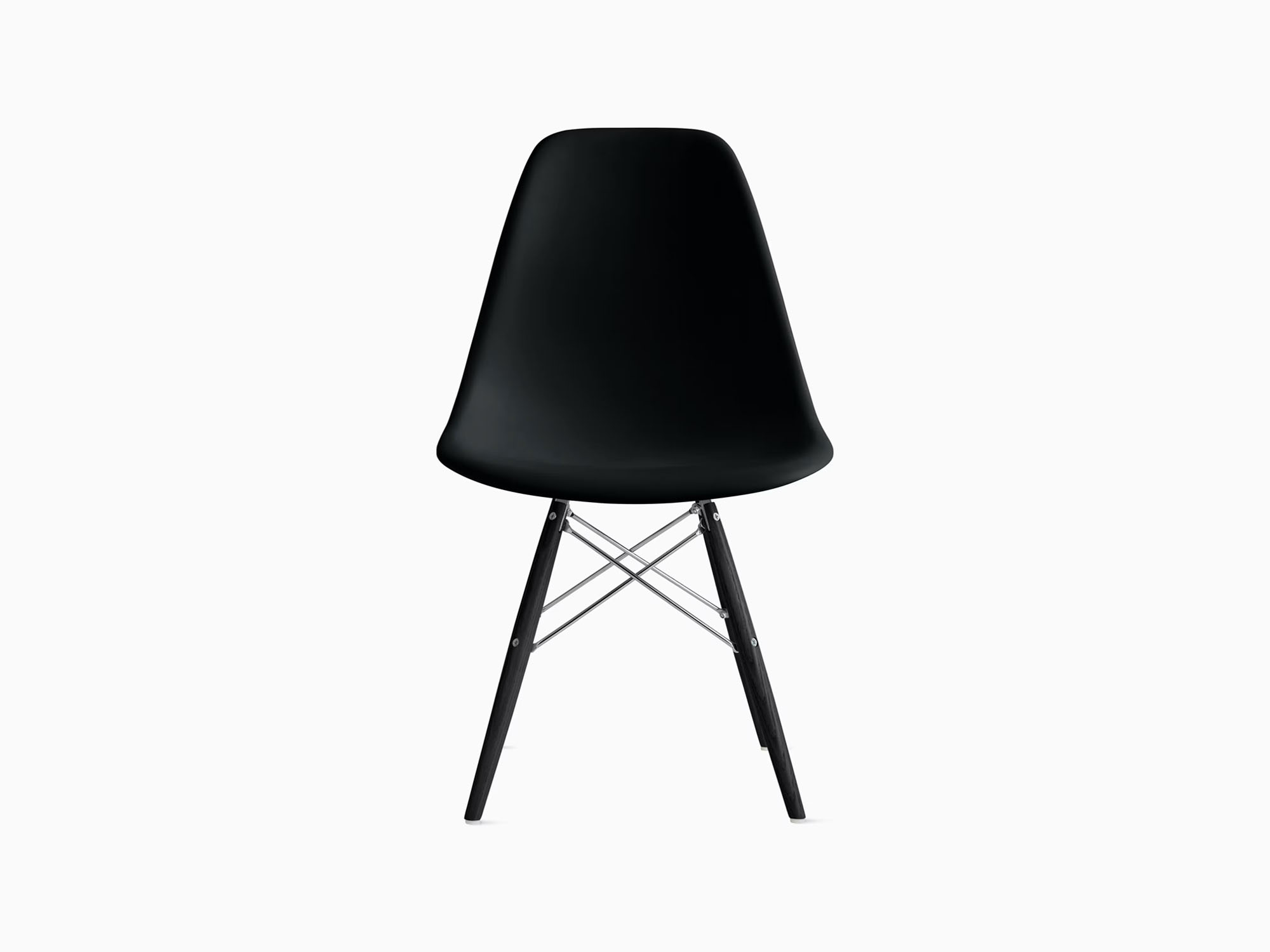 Front view of black plastic chair with black dowels