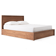 Front angle view of walnut platform bed