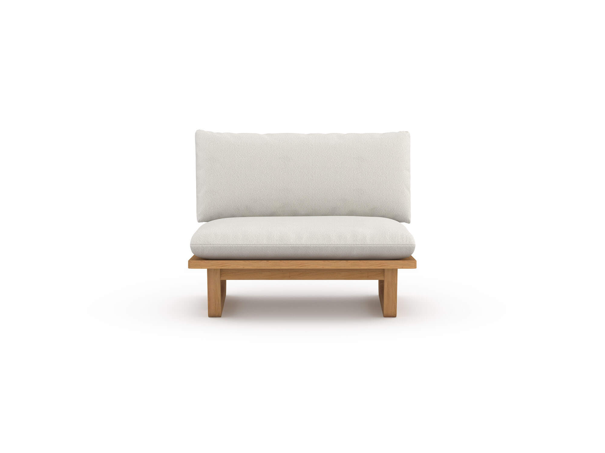 Front view of outdoor lounge chair with white cushions and wood legs