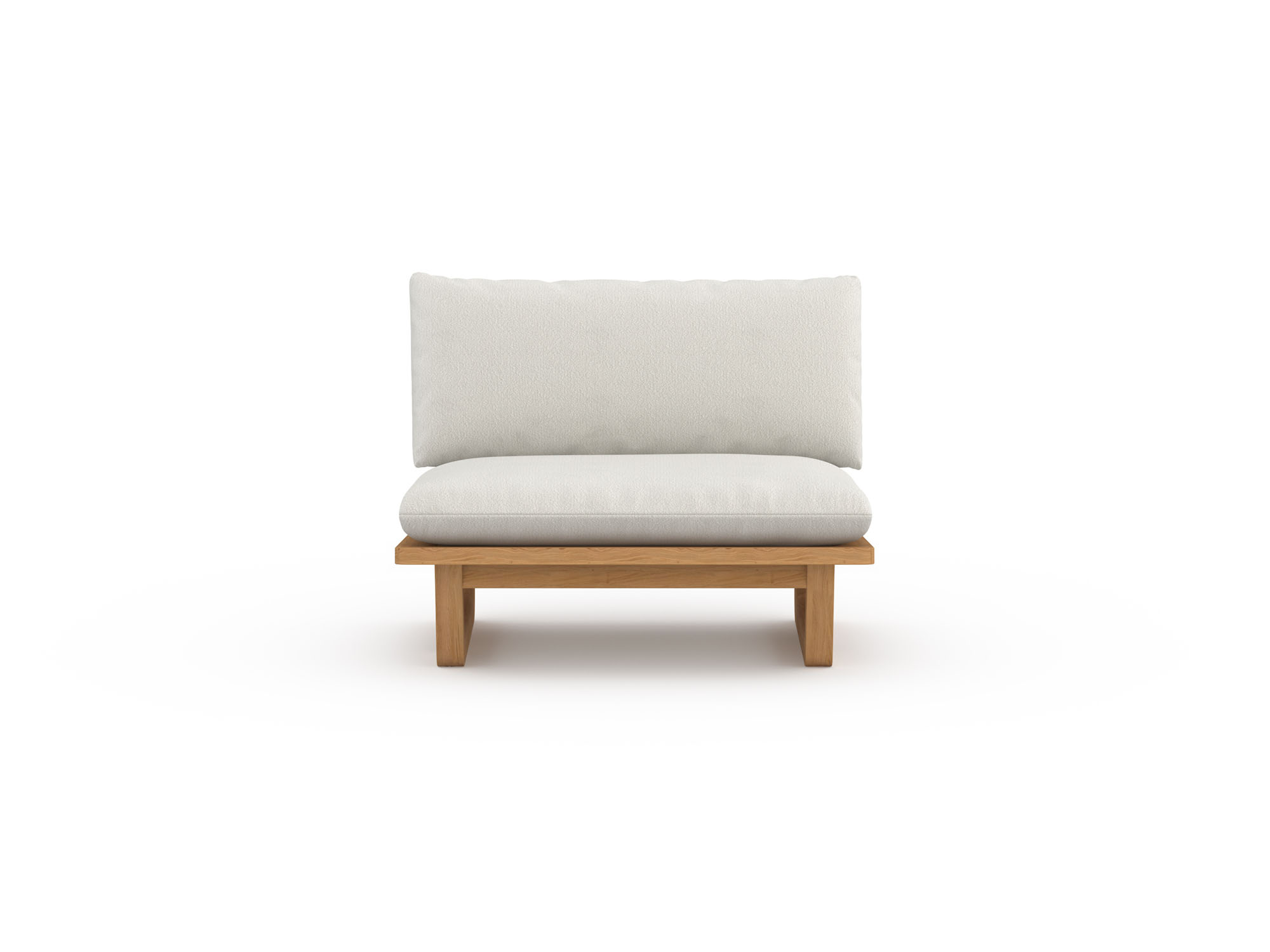 Front view of outdoor lounge chair with white cushions and wood legs