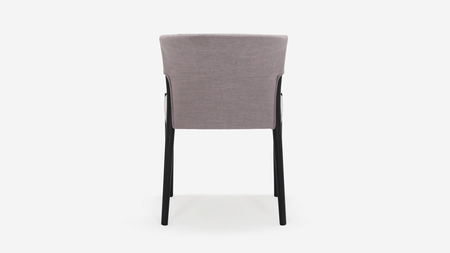 Back view of black oak and grey upholstered dining chair