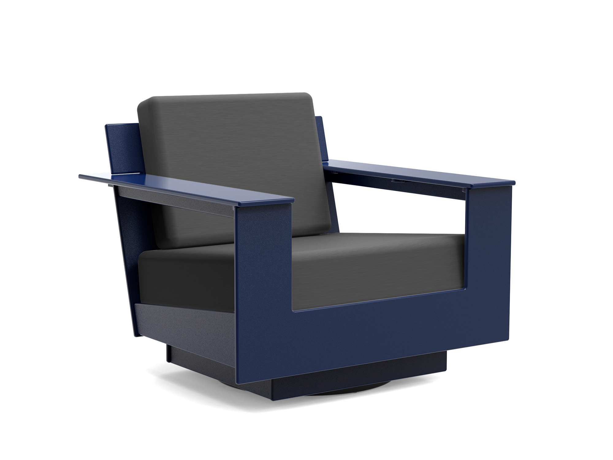 Dark blue and dark grey swivel outdoor lounge chair front angle view