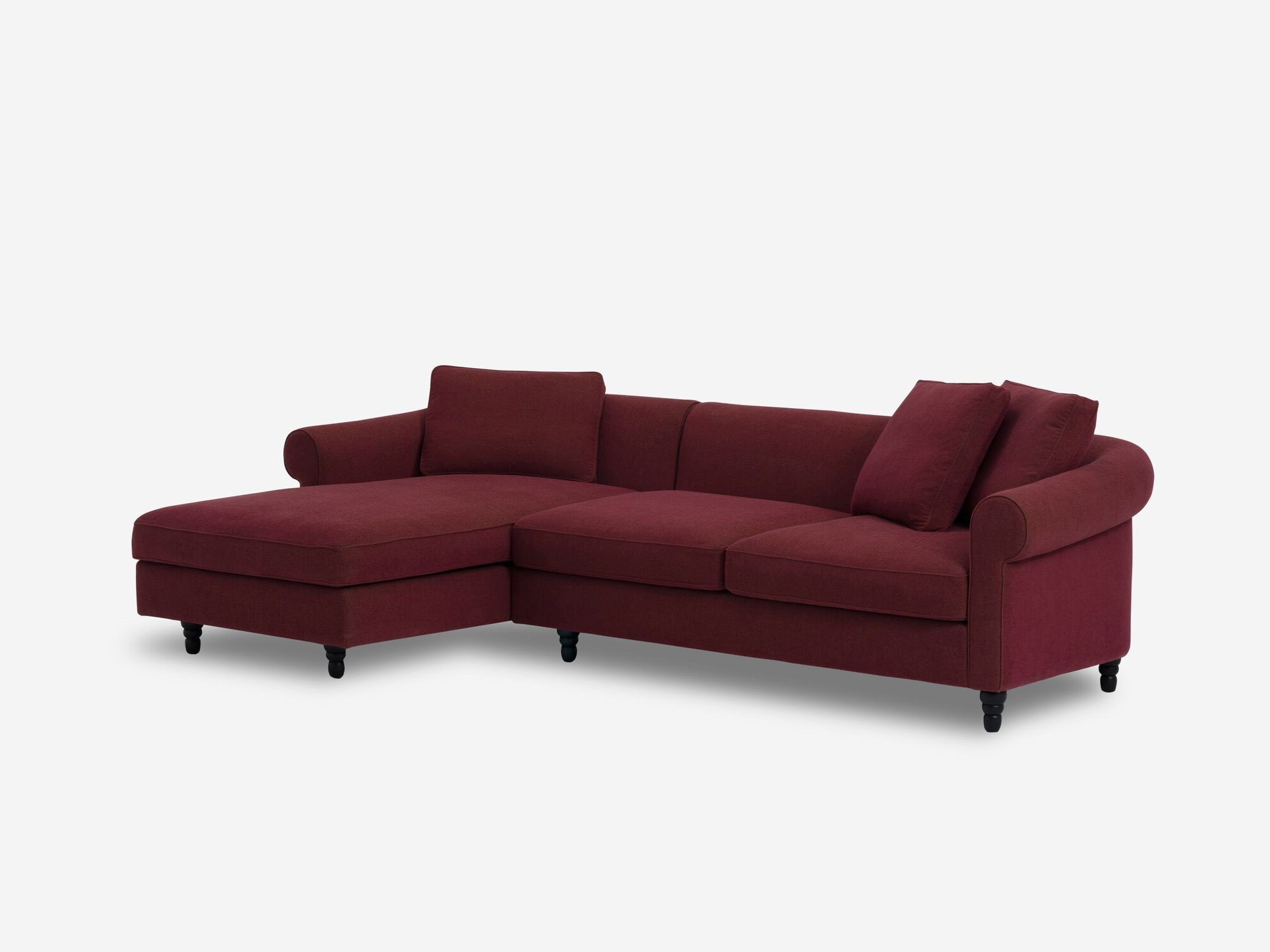 Deep red modern left hand facing sectional sofa front angled view