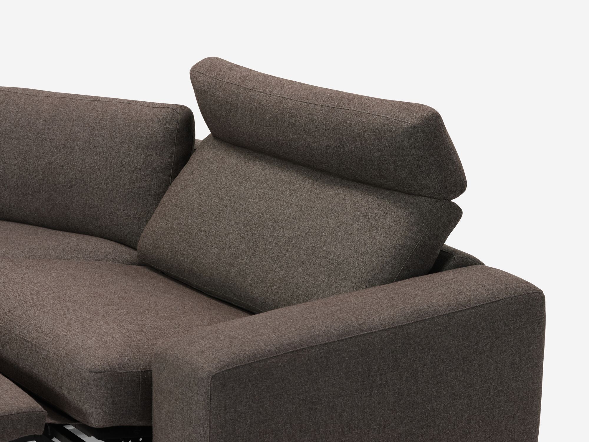 Detail view of charcoal reclining sectional with seat reclined