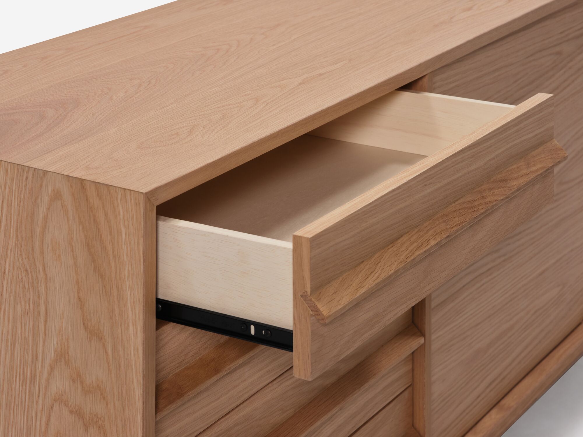 Large oak mid century floating sideboard drawer detail view