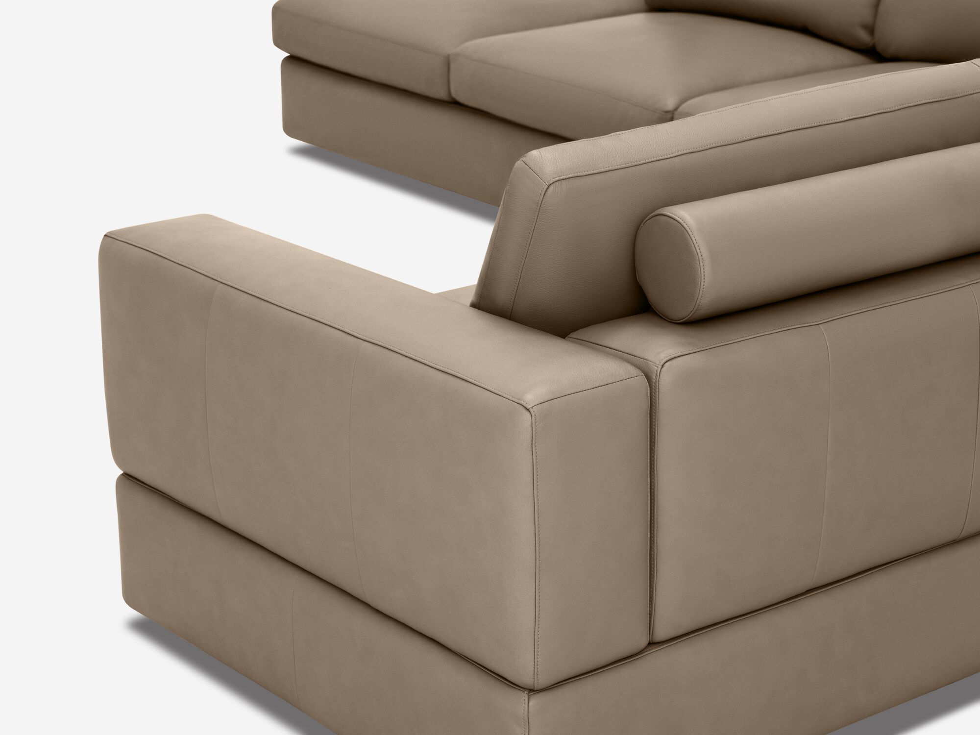Taupe leather sectional sofa back left detail view