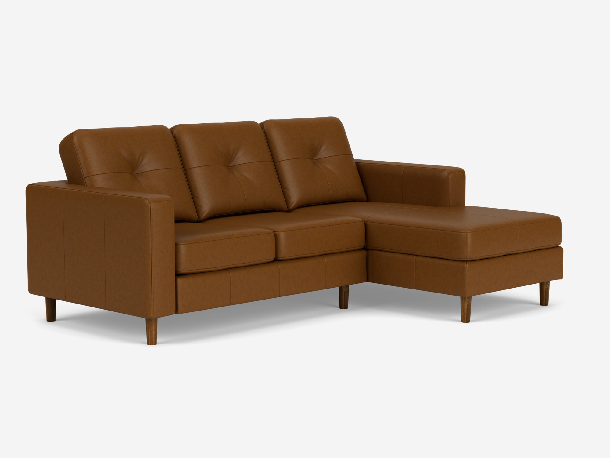 front angled view of the Solo l shape sofa in brown leather right hand facing chaise