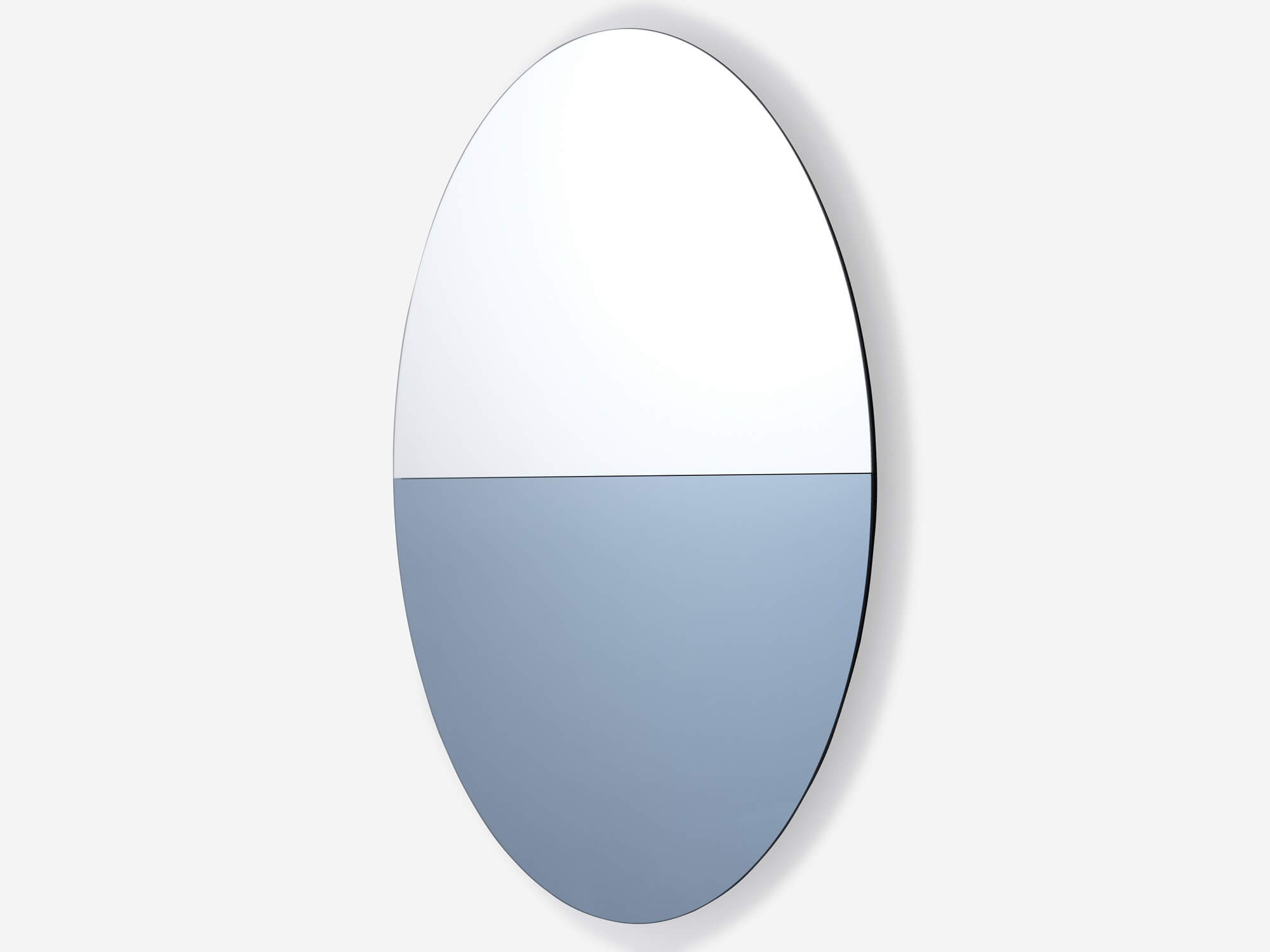 Silver and blue round wall mirror front angle view