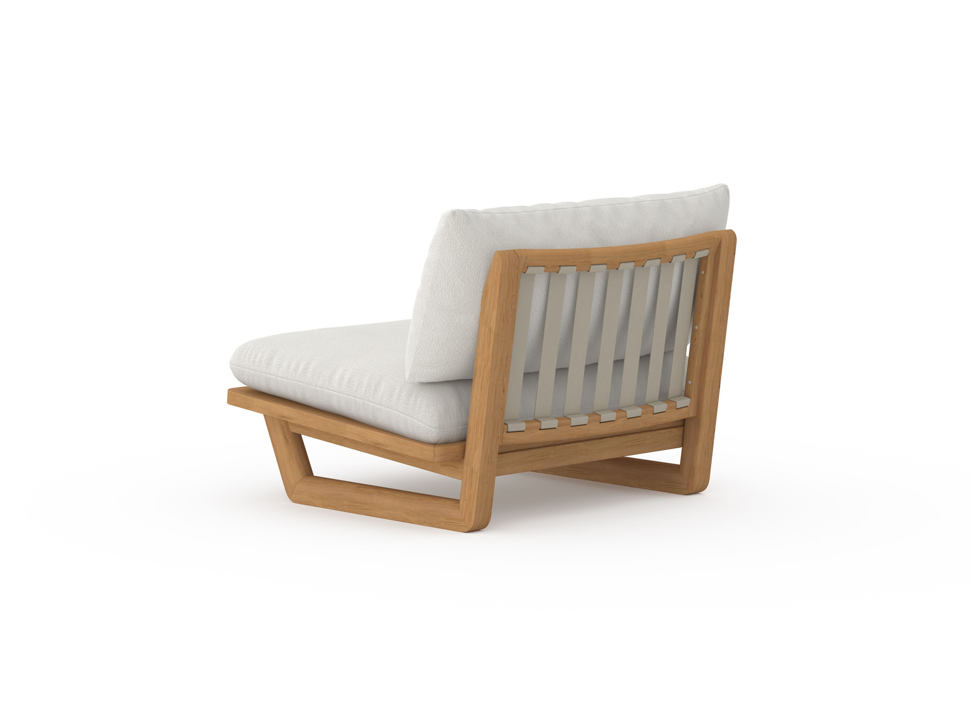 Vue d'angle arrière d'une chaise longue d'extérieur avec coussins beiges et pieds en bois
