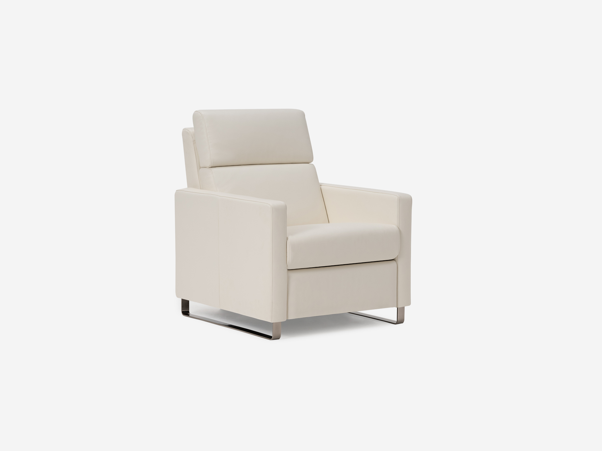 Angled view of the Lawrence recliner chair in white leather