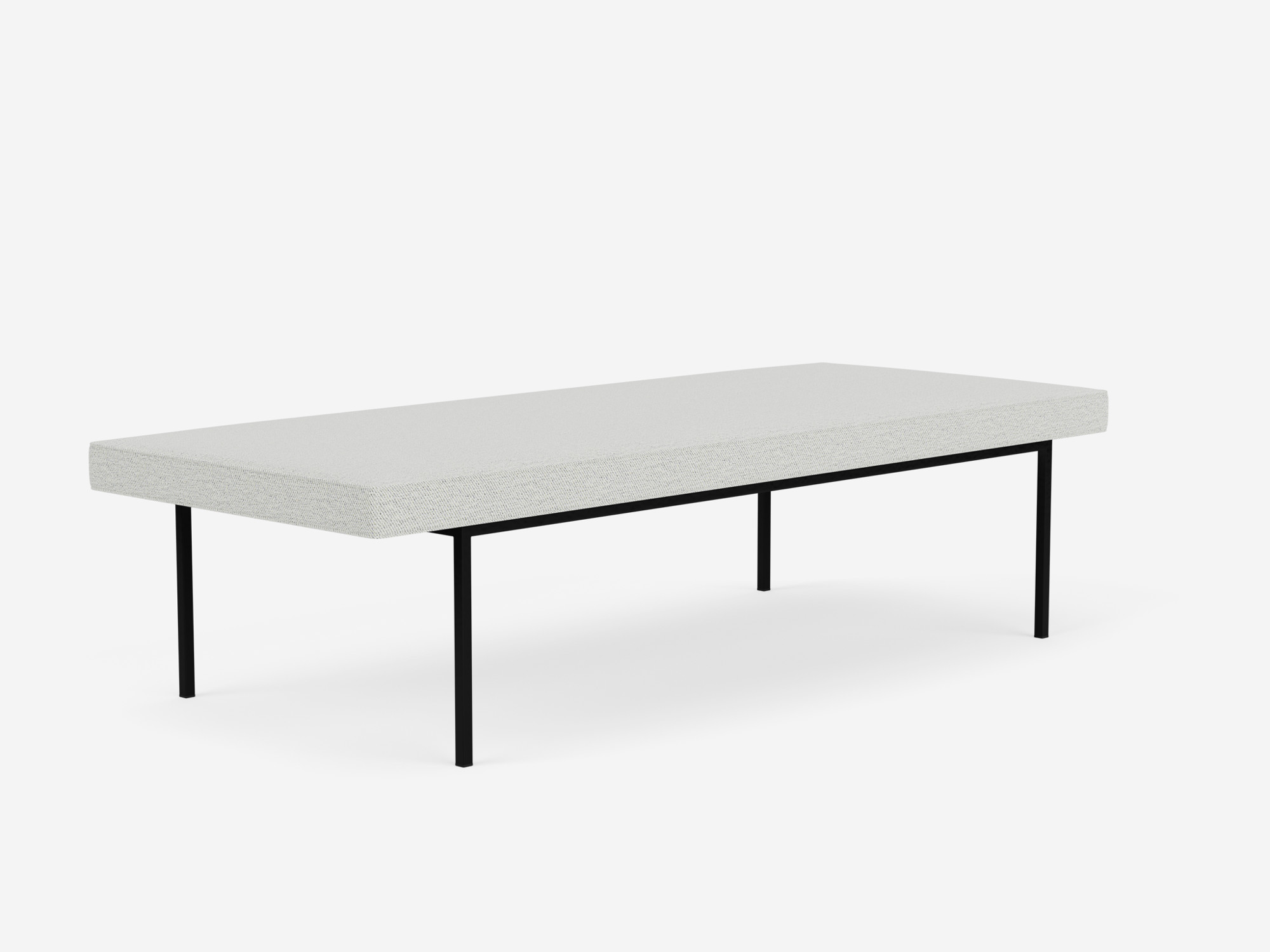 Side view of the Bank upholstered dining bench in light grey fabric