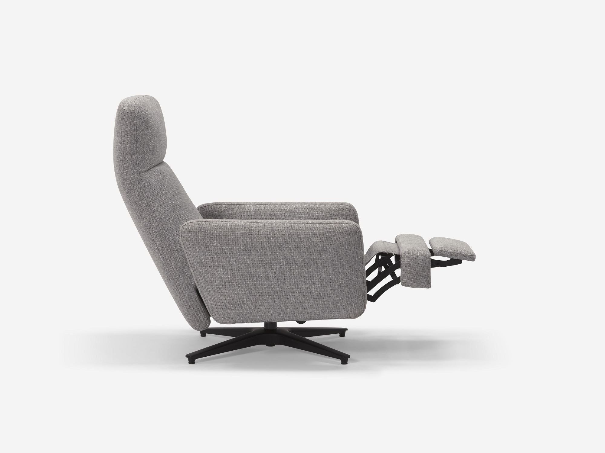 Grey fabric reclining chair with foot rest reclined side view