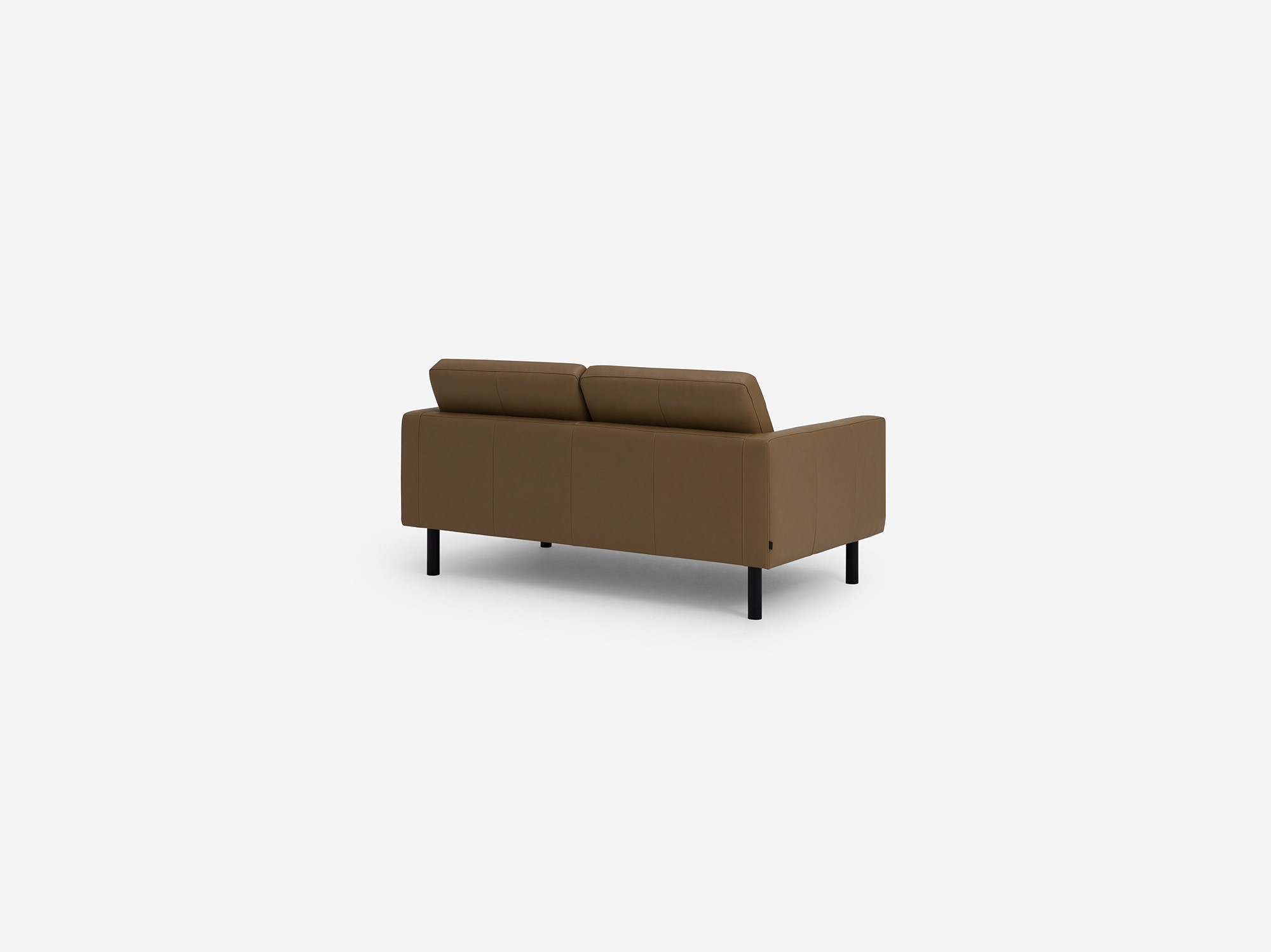 Back angle view of the Joan loveseat in brown leather