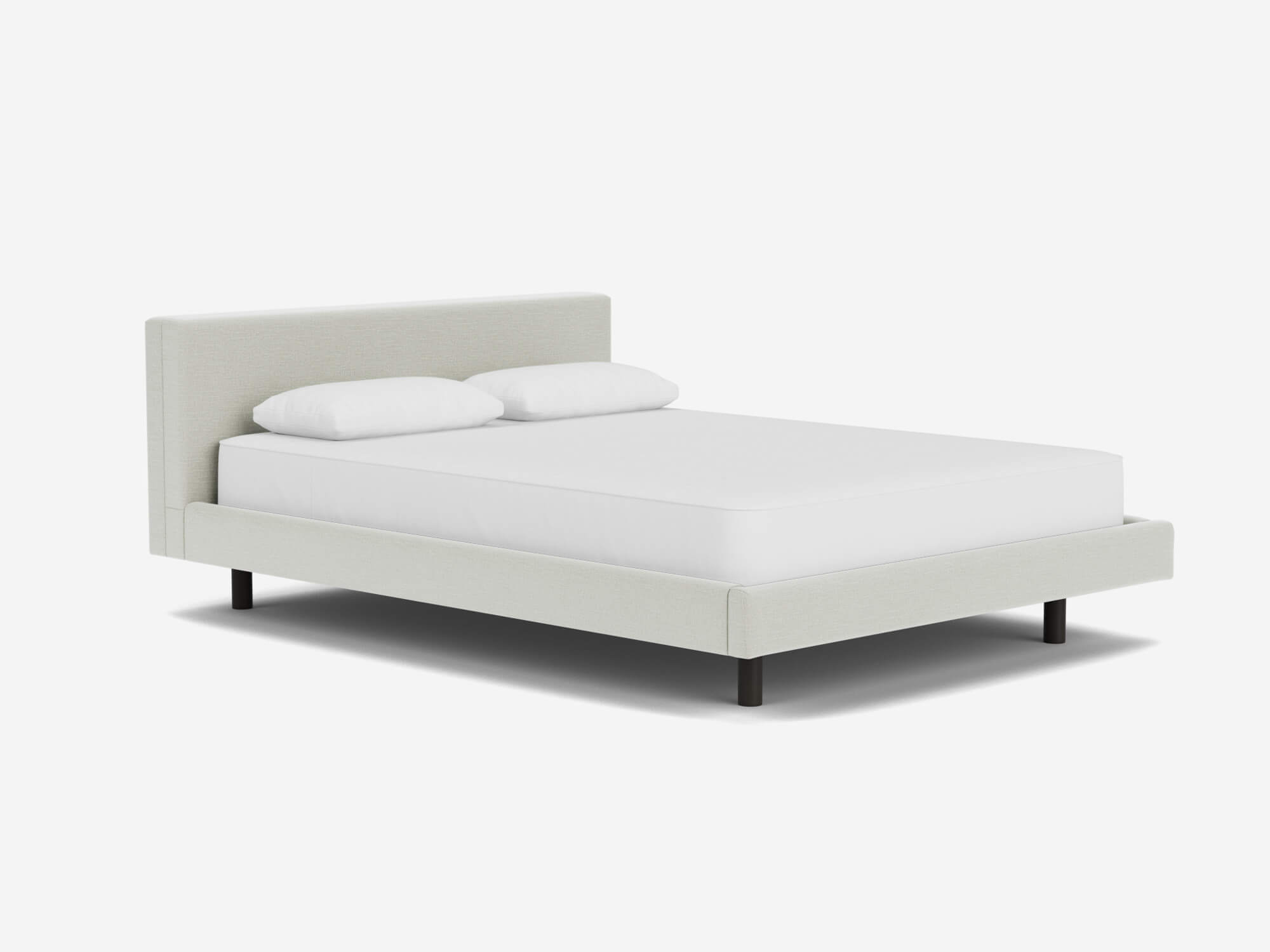 Light grey upholstered frame bed front angle view