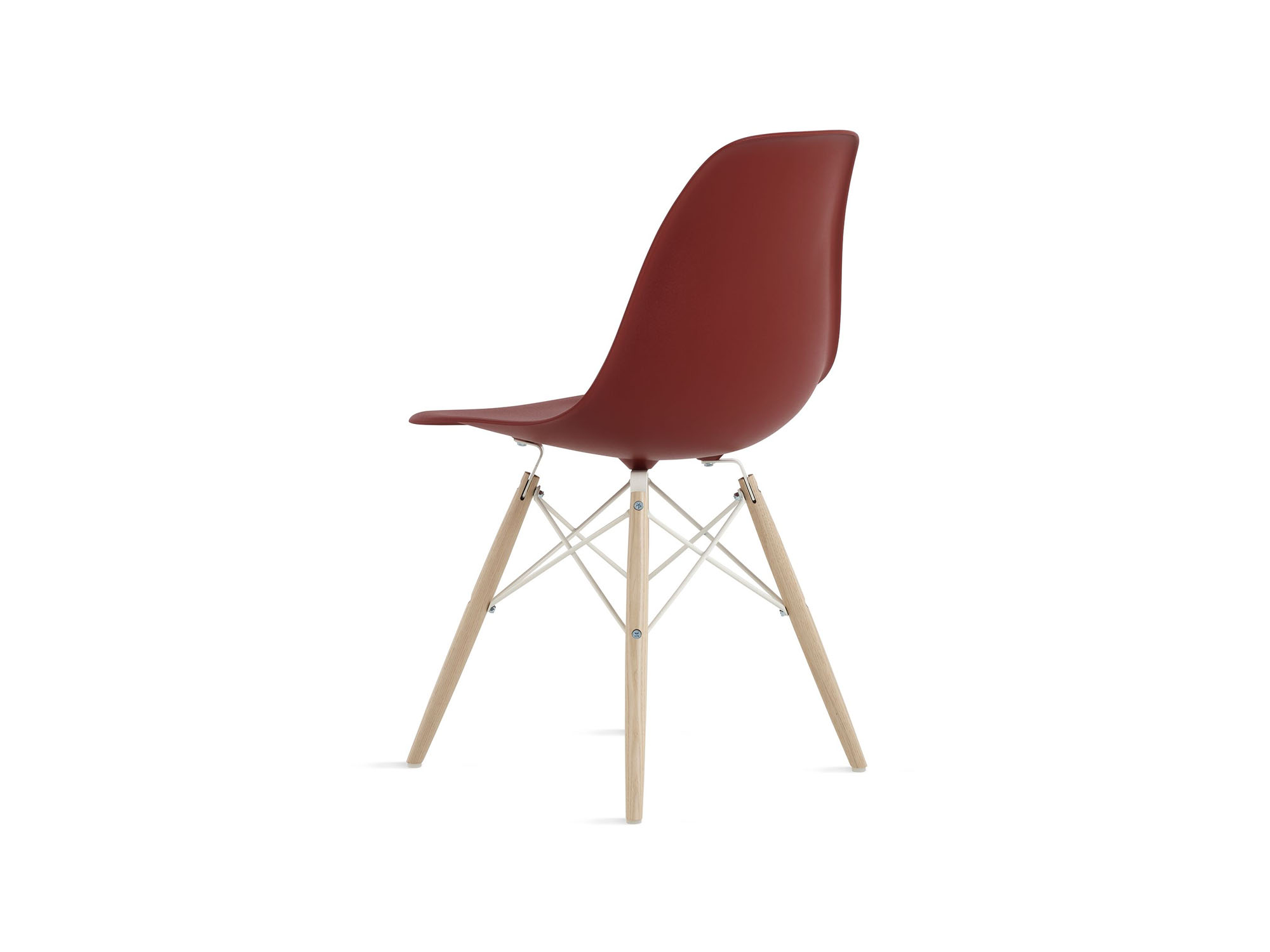 Back angle view of red chair with oak dowels and steel wire