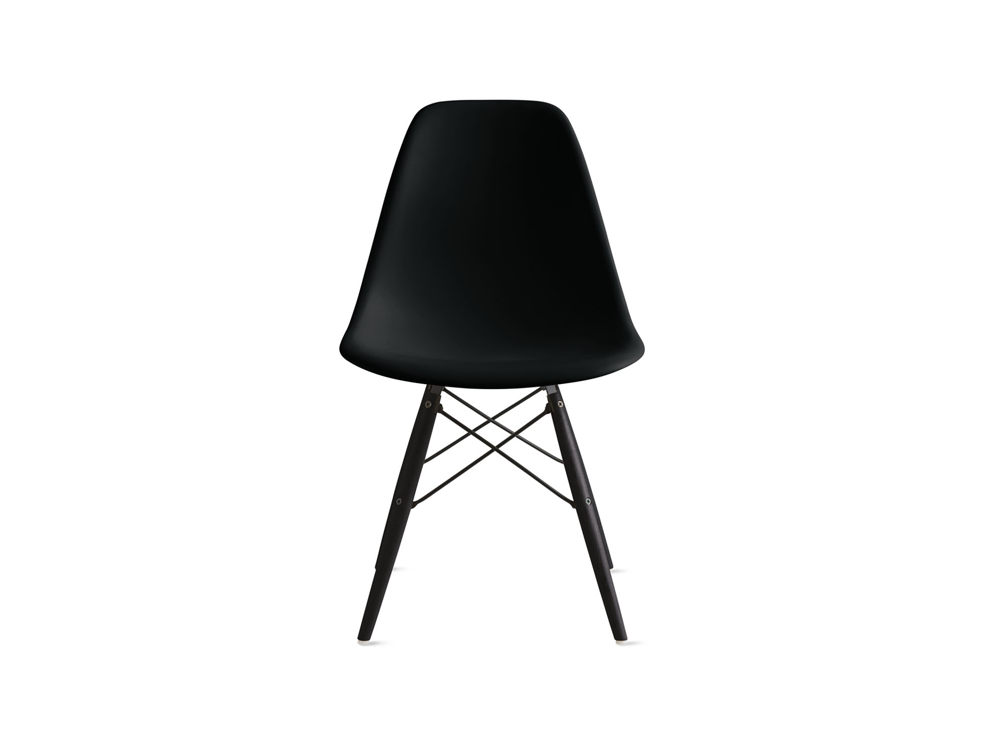 Front view of black plastic chair with ebony dowels