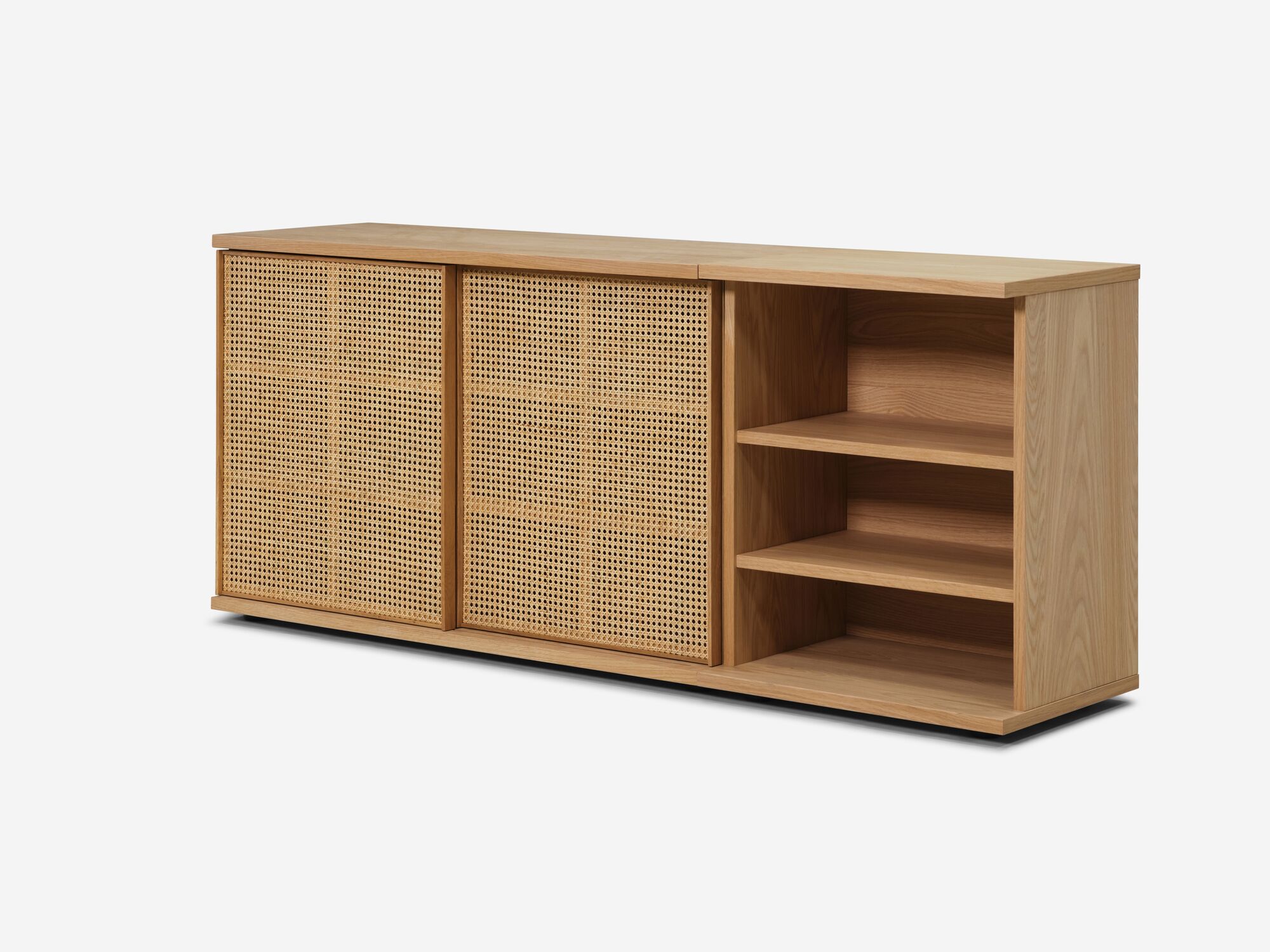 Front angle view of medium oak office cabinet with cane screen