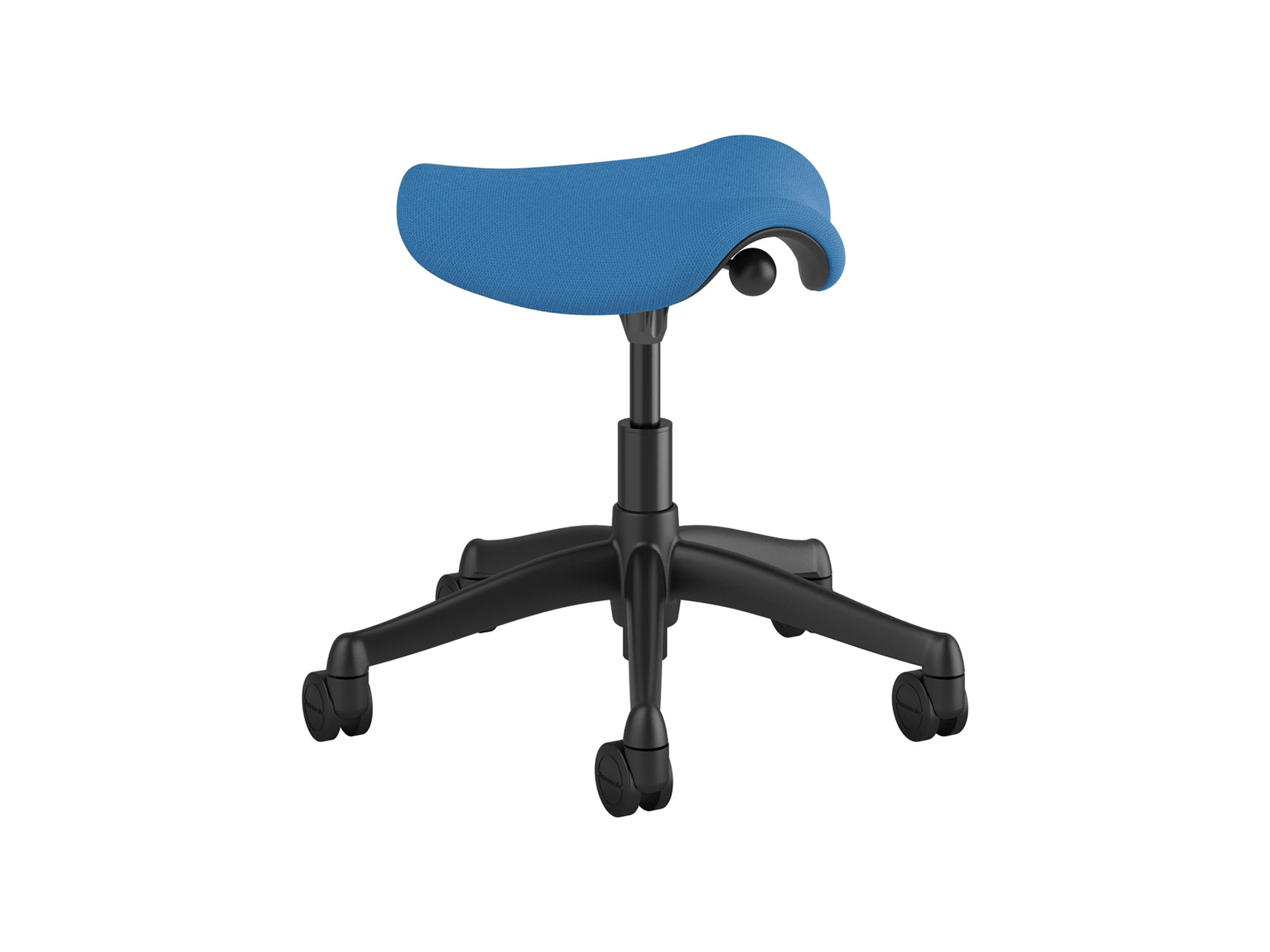 Blue saddle stool angle view