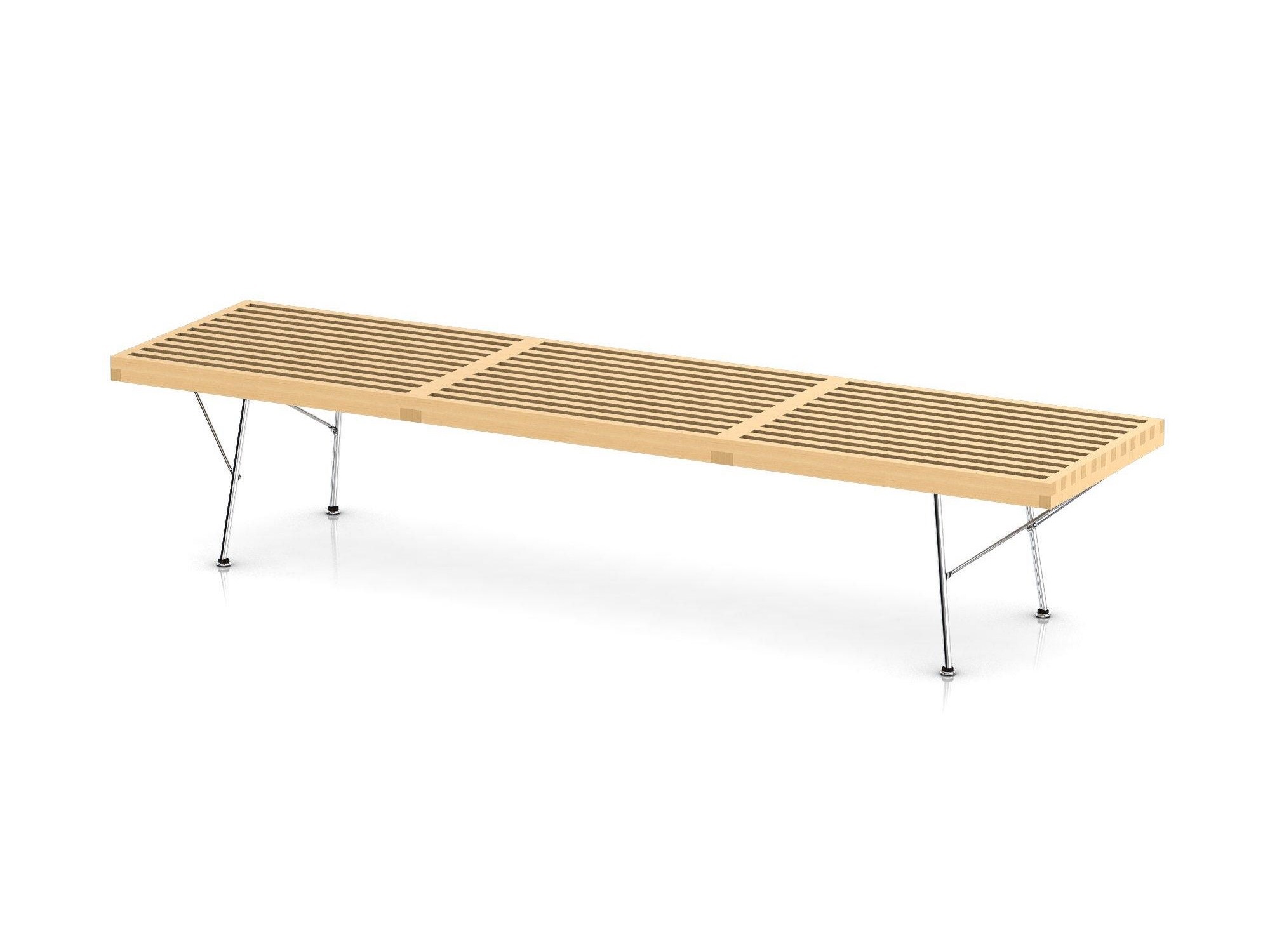 Right angle view of large maple bench with chrome legs