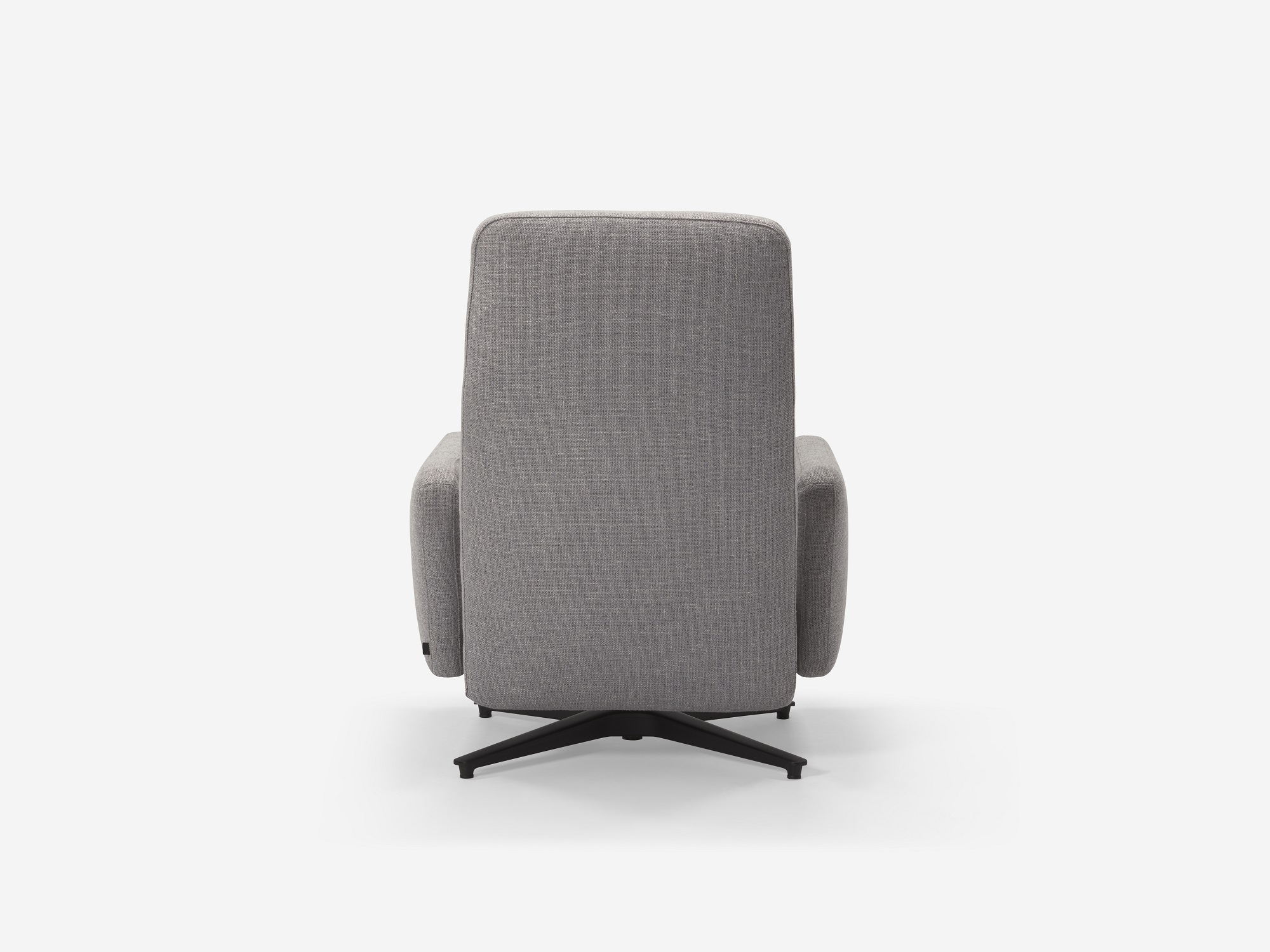 Back view of grey fabric reclining chair with foot rest reclined