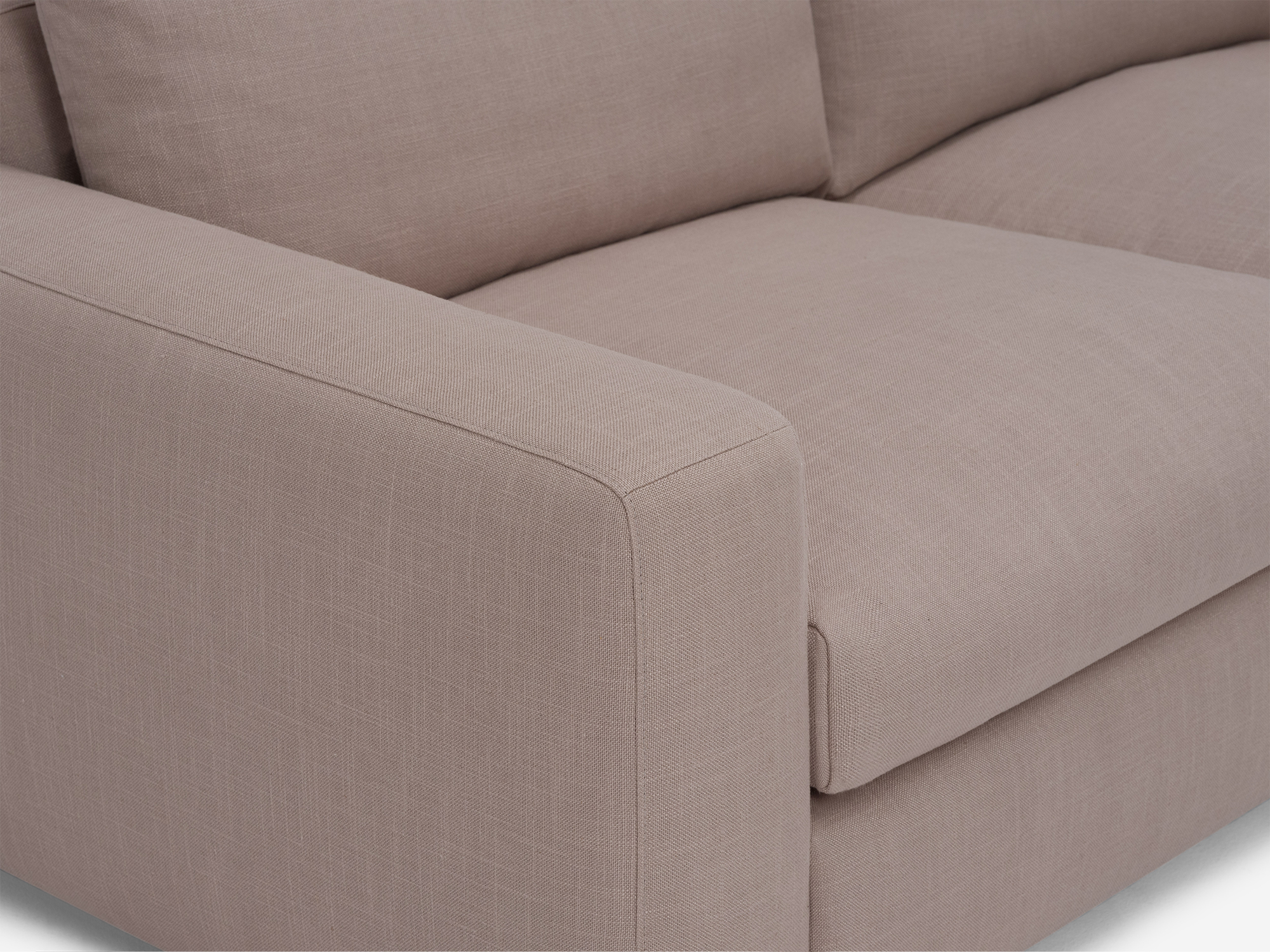 Detail arm view of grey fabric loveseat with narrow arms