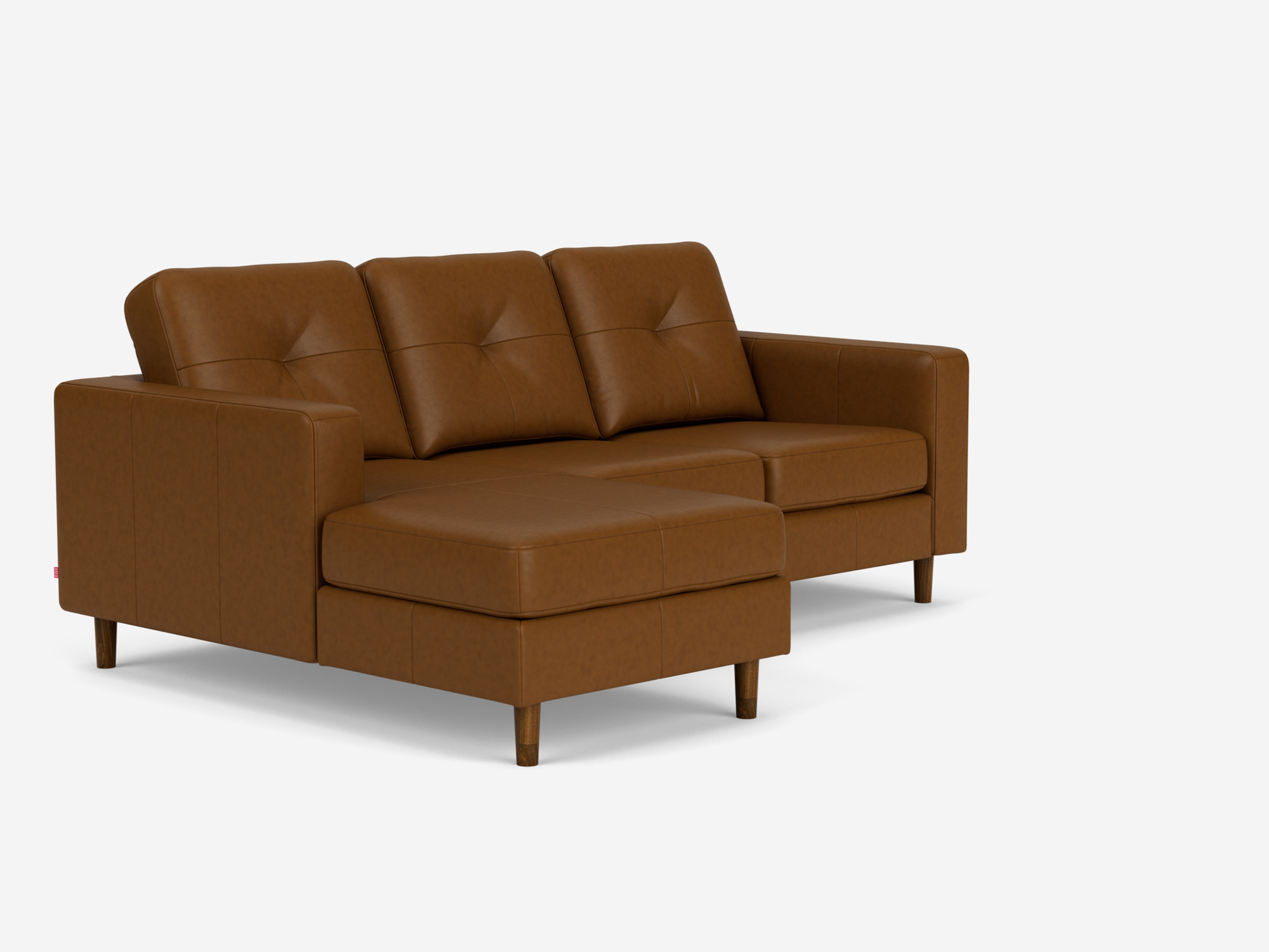 front angled view of the Solo l shape sofa in brown leather left hand facing chaise